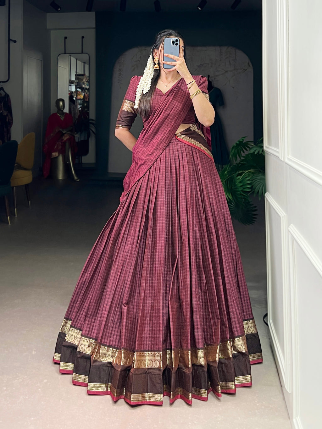 Rimi Mulberry Color Chettinad Cotton Chex With Zari Weaving Work Half-Saree Lehenga
