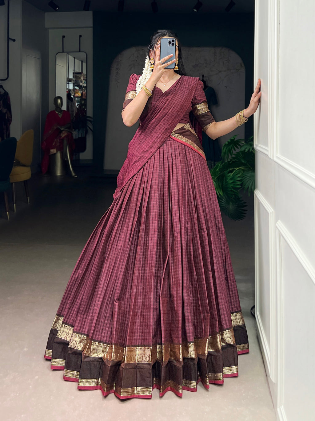 Rimi Mulberry Color Chettinad Cotton Chex With Zari Weaving Work Half-Saree Lehenga