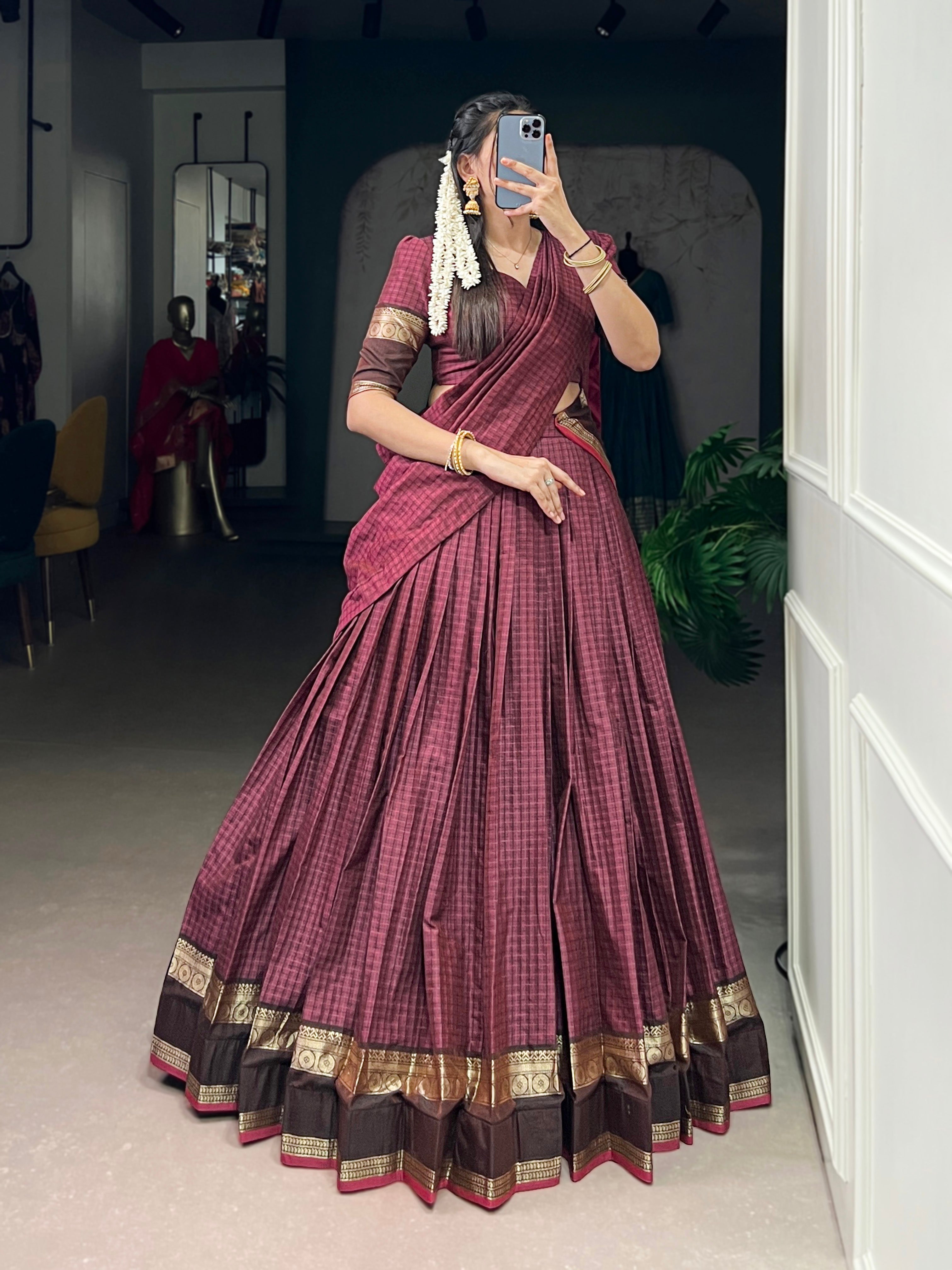 Rimi Mulberry Color Chettinad Cotton Chex With Zari Weaving Work Half-Saree Lehenga