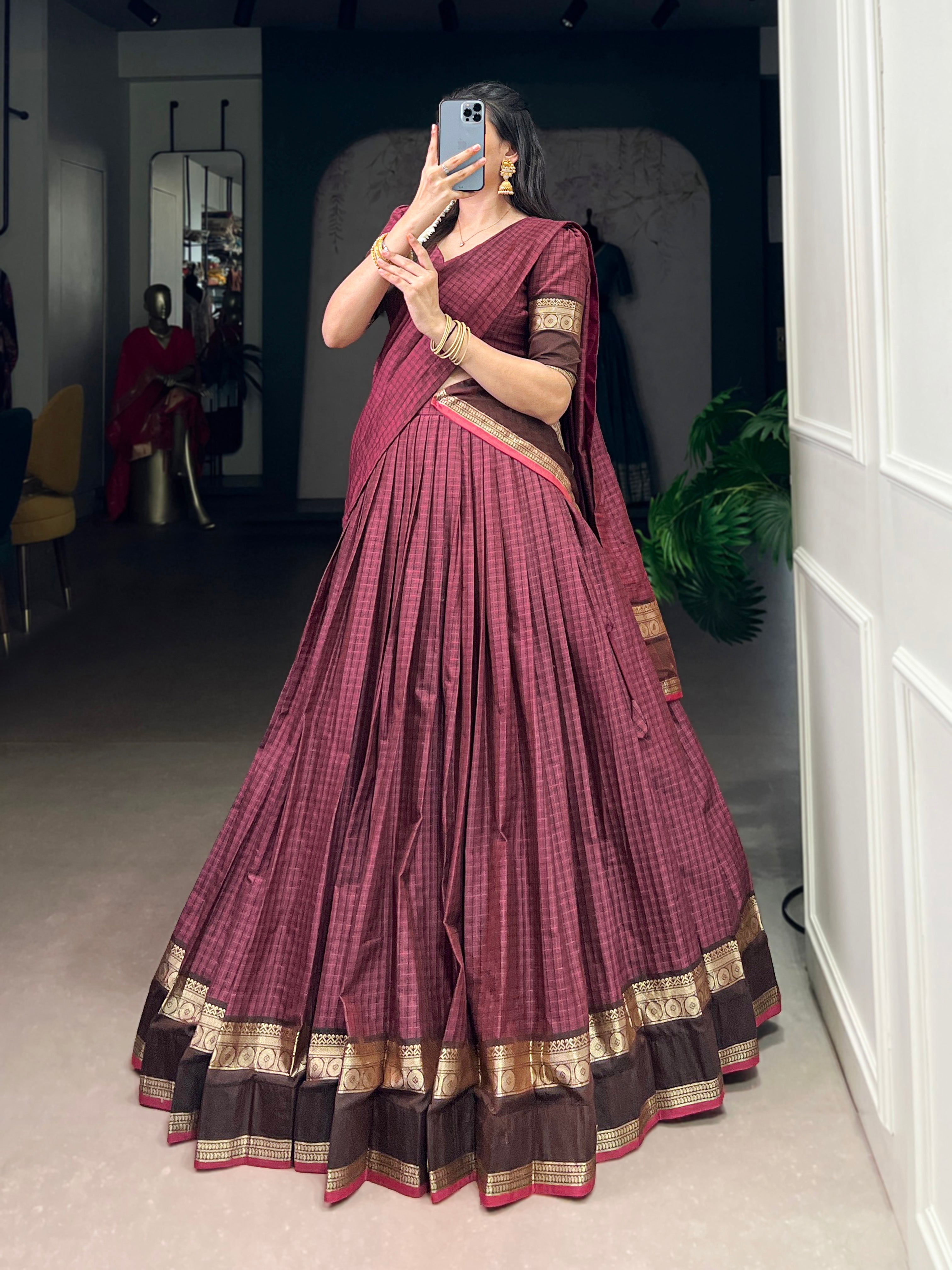 Rimi Mulberry Color Chettinad Cotton Chex With Zari Weaving Work Half-Saree Lehenga