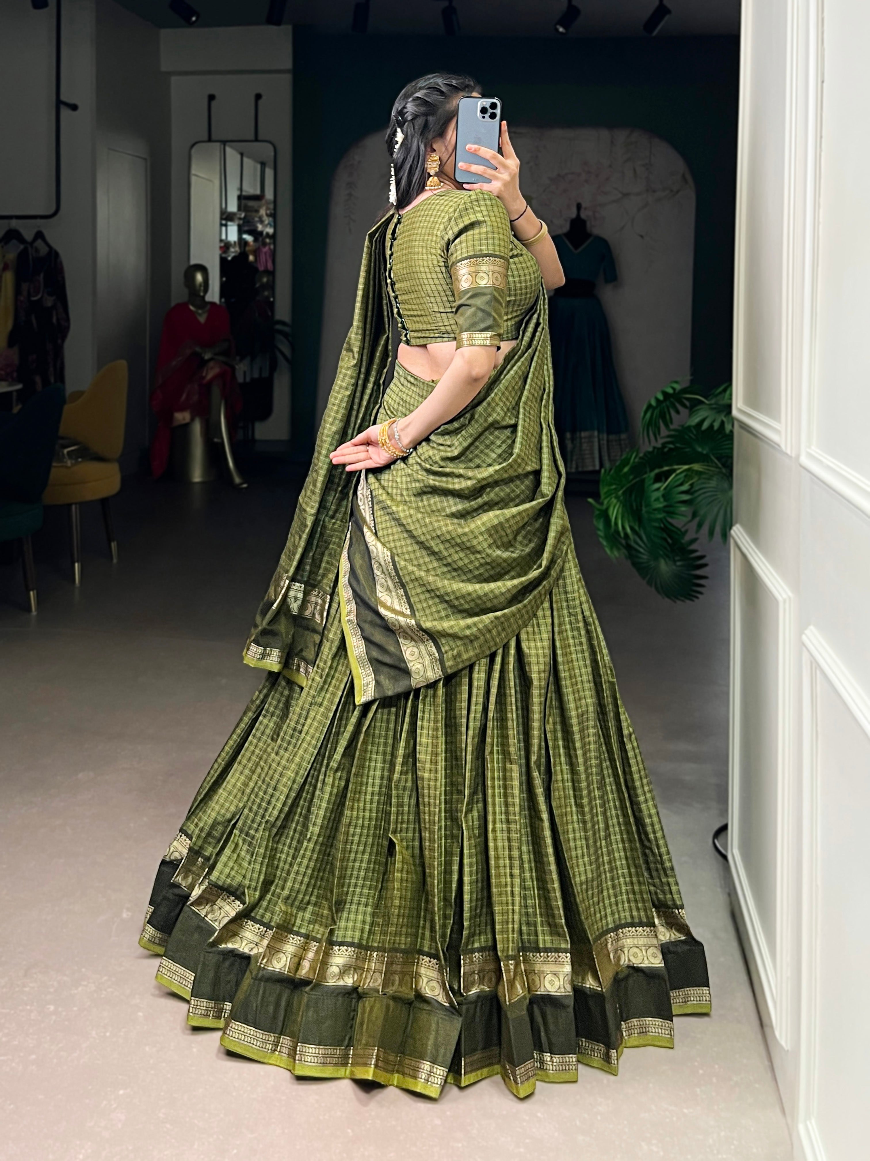 Rimi Green Chettinad Cotton Chex With Zari Weaving Work Half-Saree Lehenga