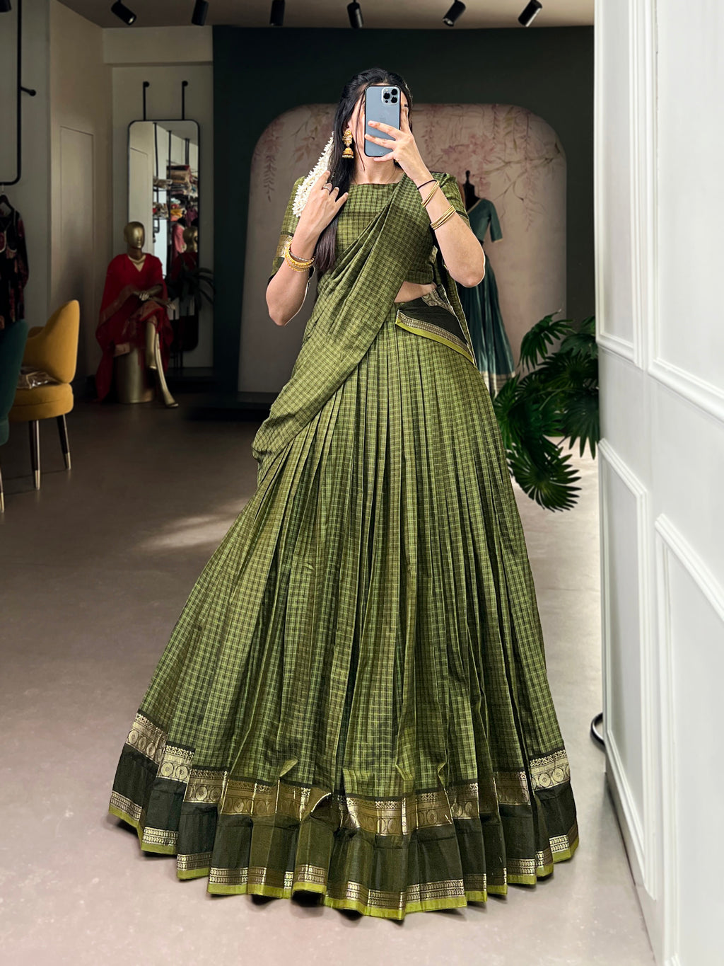 Rimi Green Chettinad Cotton Chex With Zari Weaving Work Half-Saree Lehenga