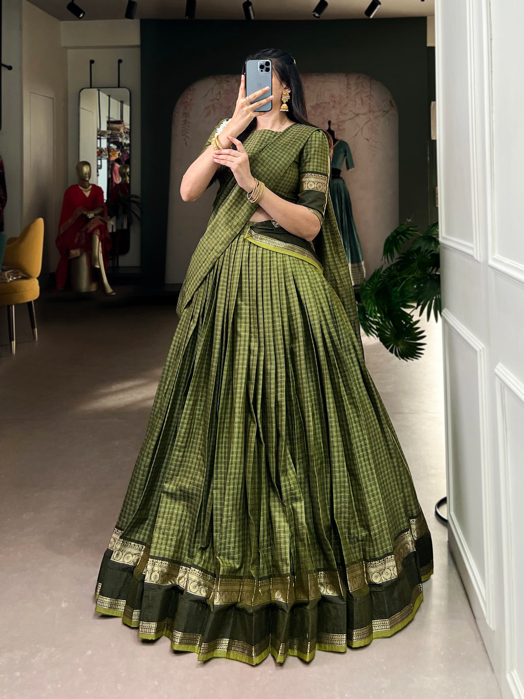 Rimi Green Chettinad Cotton Chex With Zari Weaving Work Half-Saree Lehenga