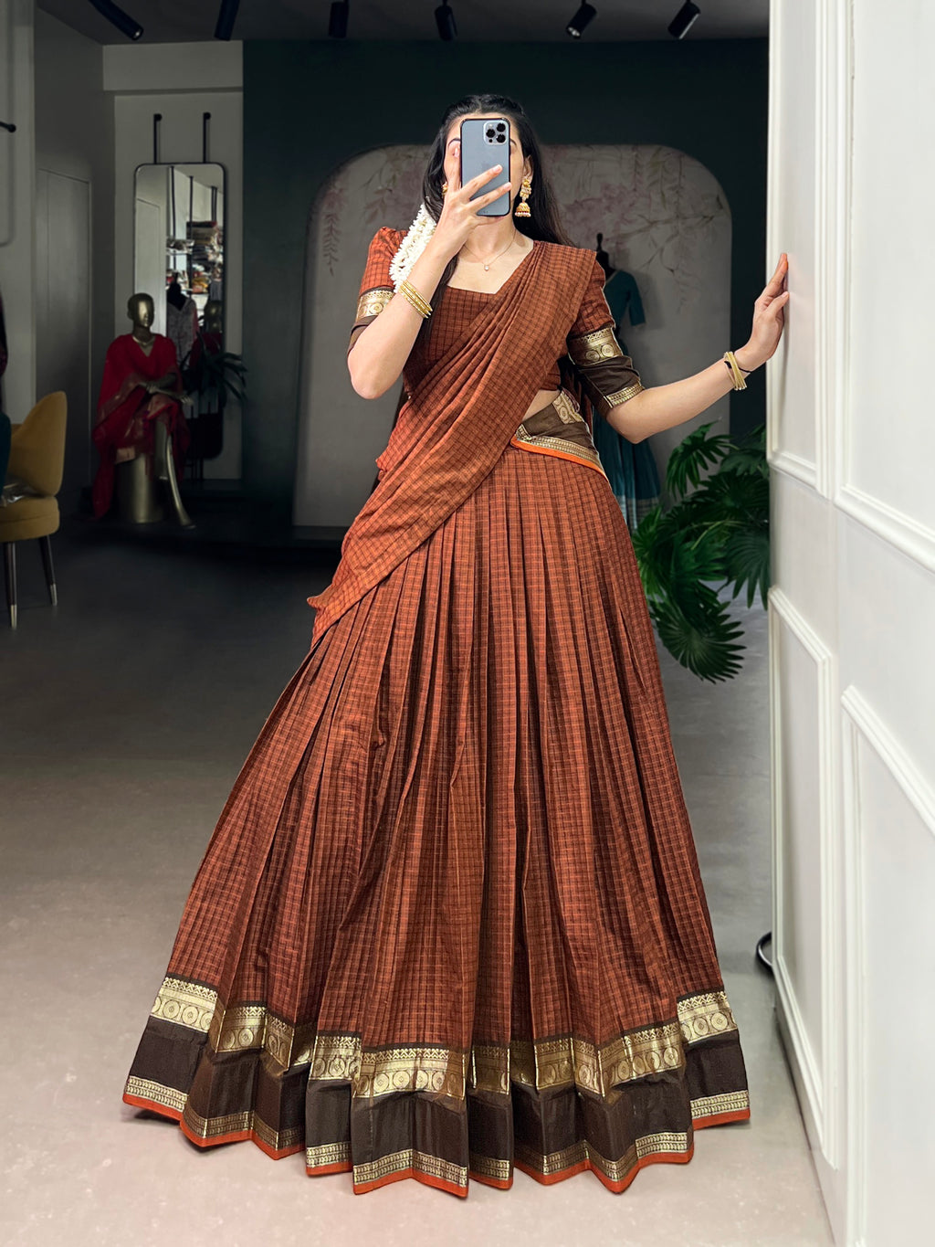 Rust Orange Color Cloth Rimi Rust Orange Color Chettinad Cotton Chex Rich Zari Weaving Work Ha ...