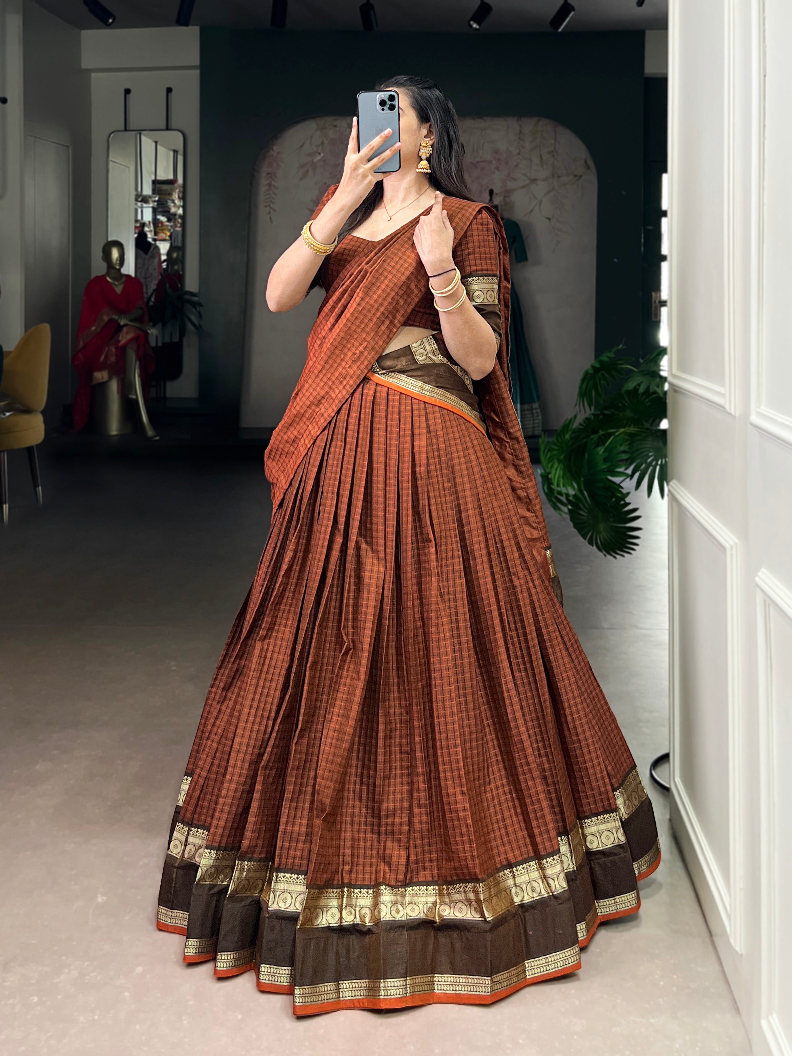 Rimi Rust Orange Color Chettinad Cotton Chex Rich Zari Weaving Work Half-Saree Lehenga