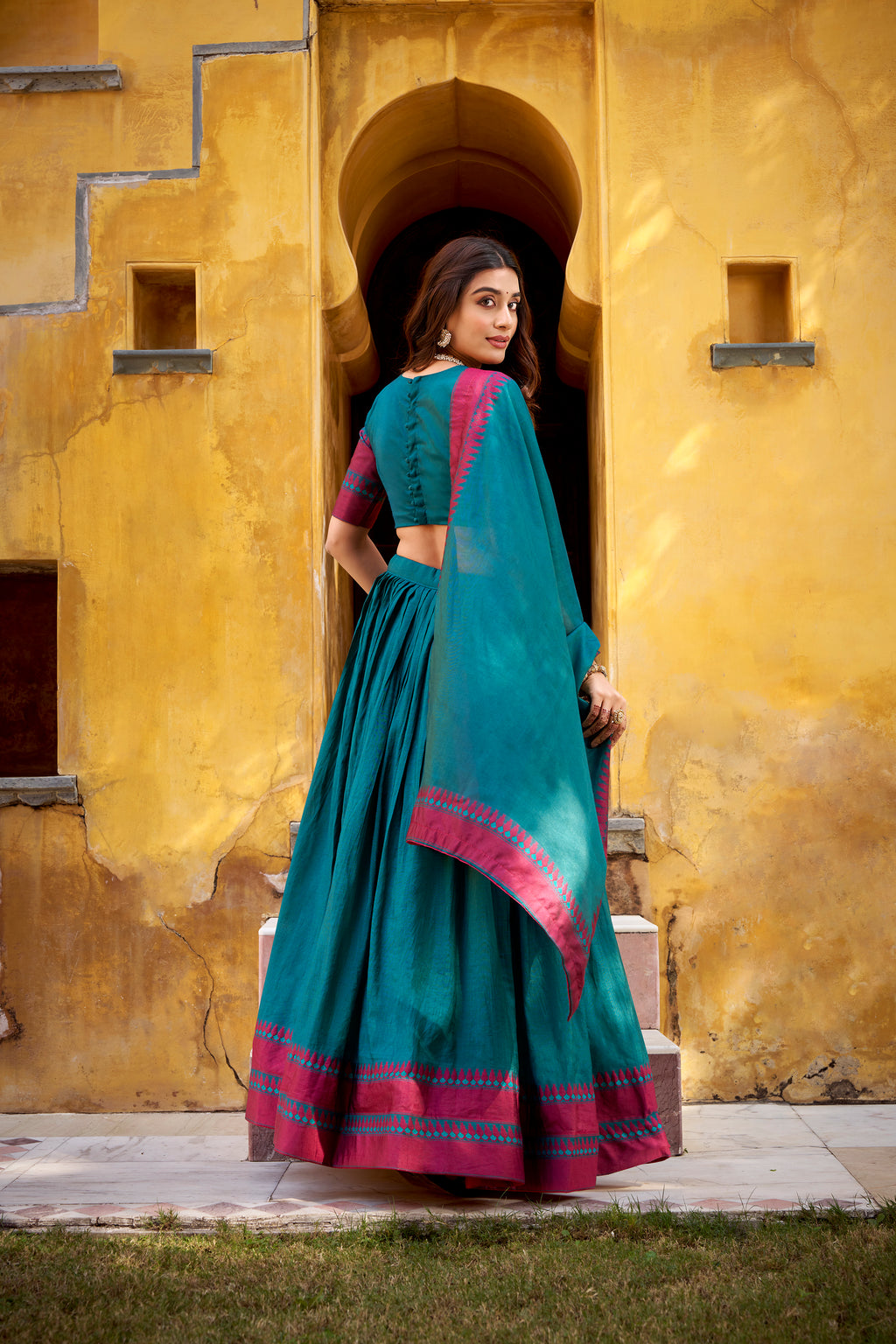 Swastika Teal Blue Color Pure Chanderi Thread Work Half Saree Lehenga