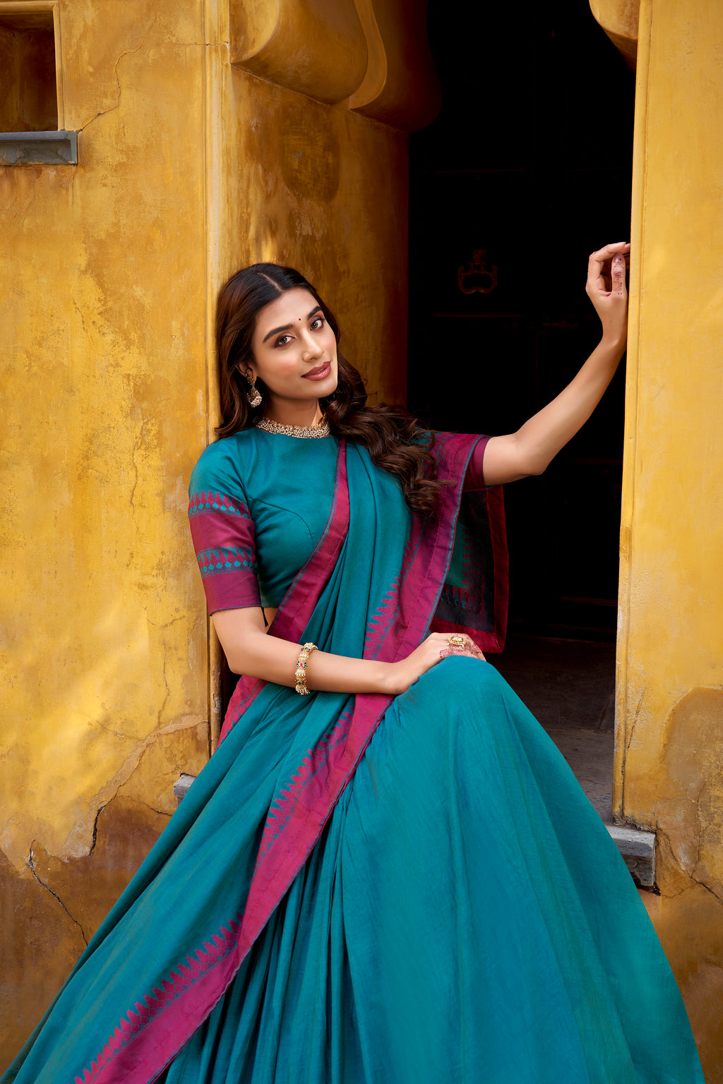 Swastika Teal Blue Color Pure Chanderi Thread Work Half Saree Lehenga