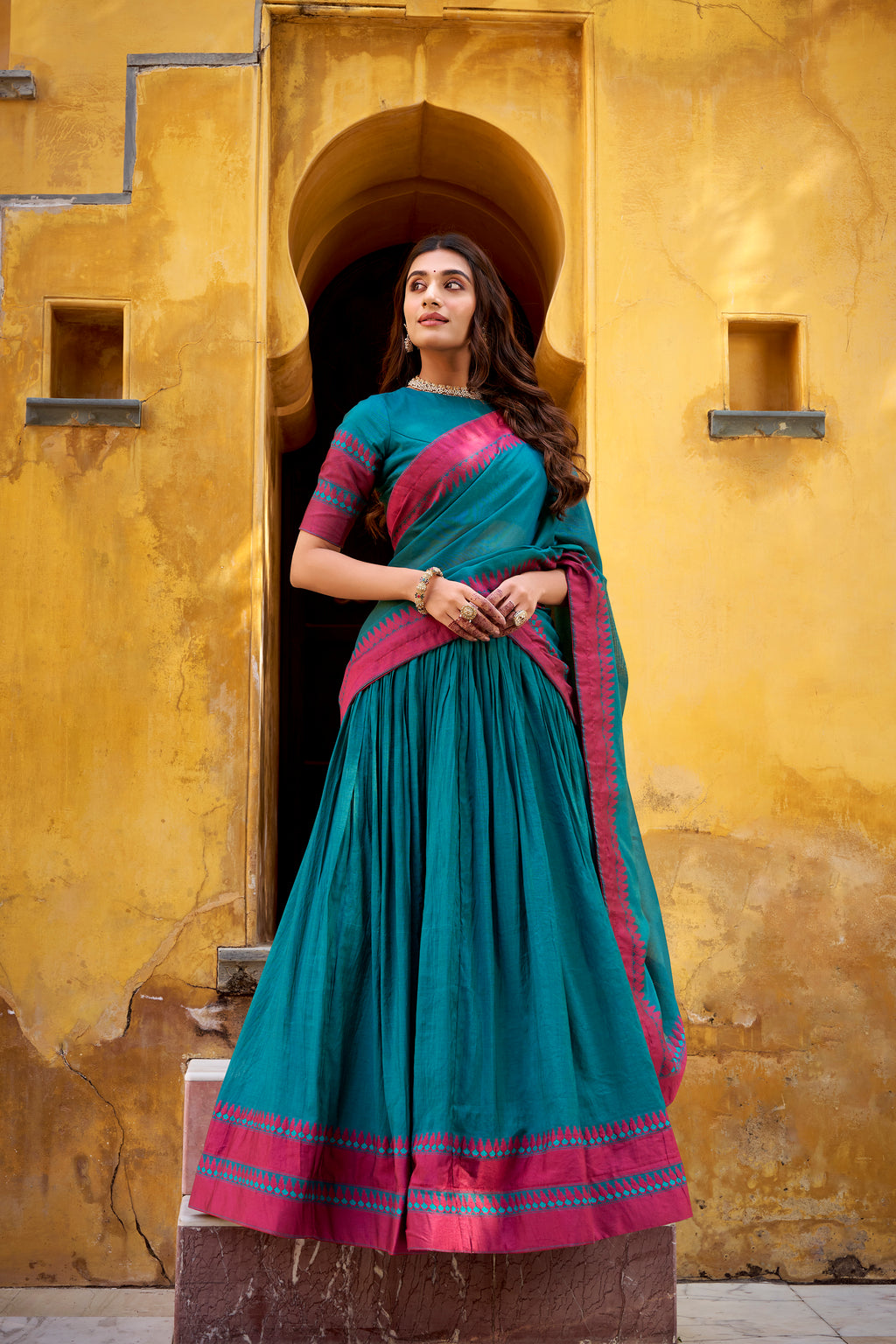 Swastika Teal Blue Color Pure Chanderi Thread Work Half Saree Lehenga
