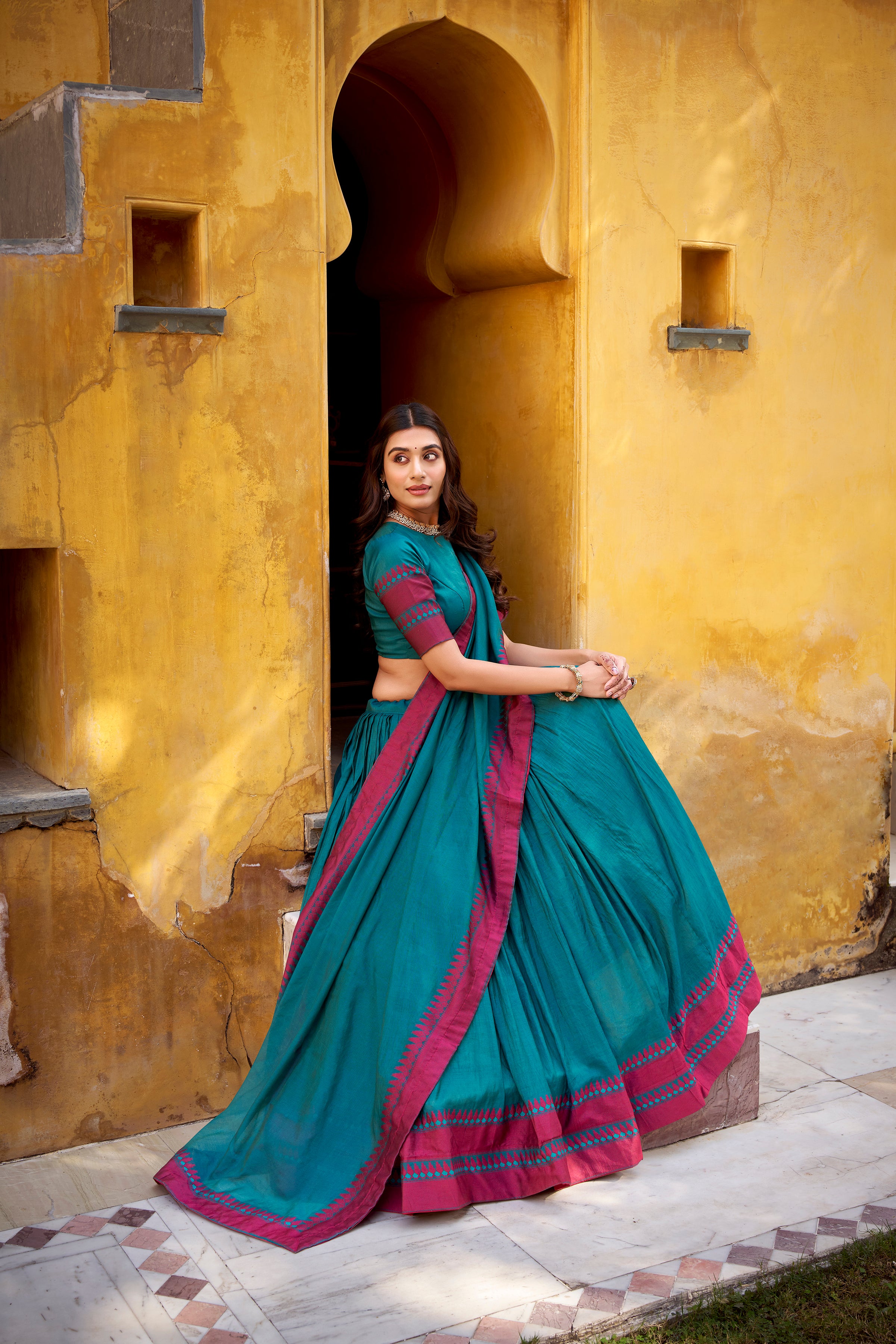 Swastika Teal Blue Color Pure Chanderi Thread Work Half Saree Lehenga