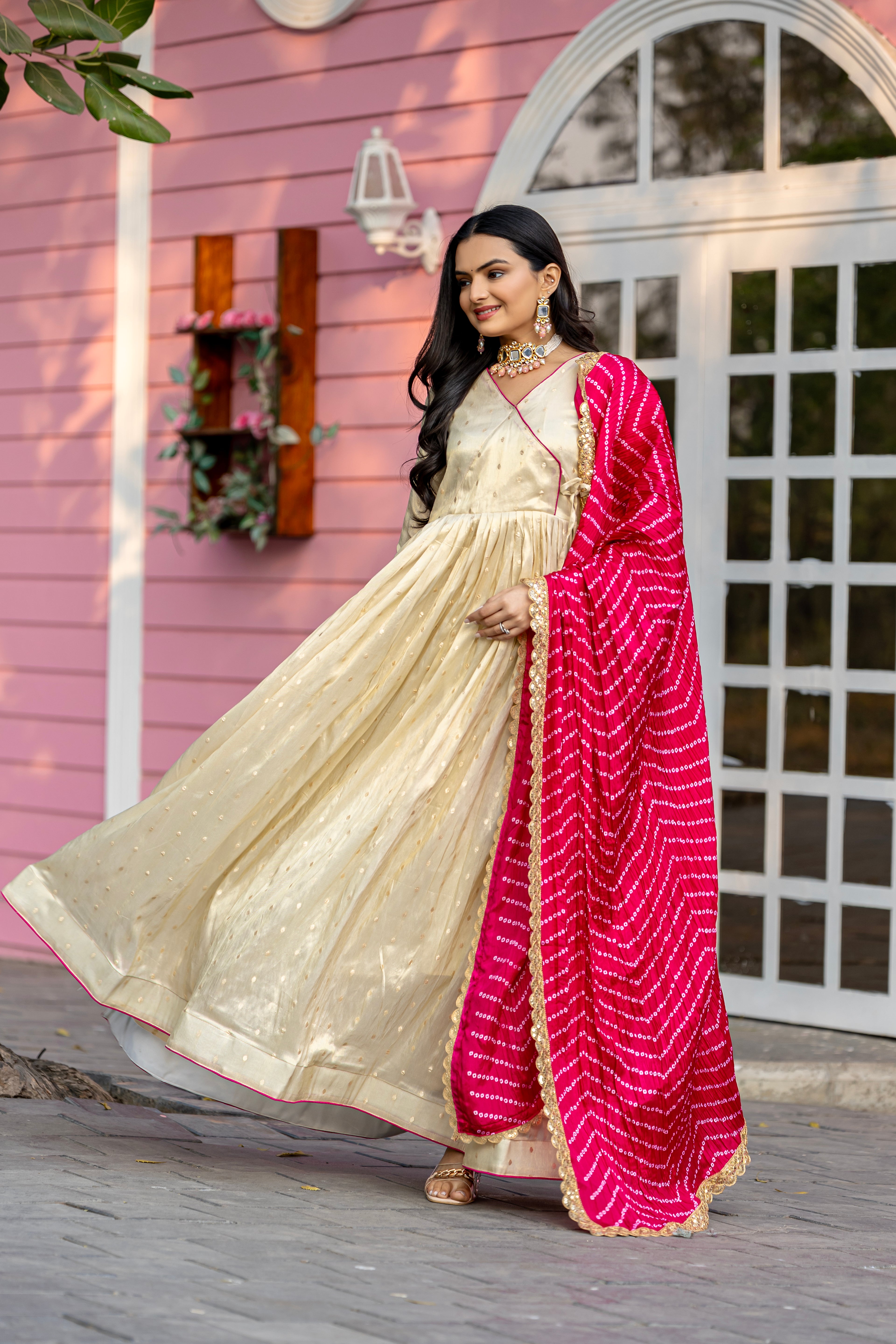 Cream Color Jacquard Butti Gown with Digital Printed Chinon Dupatta