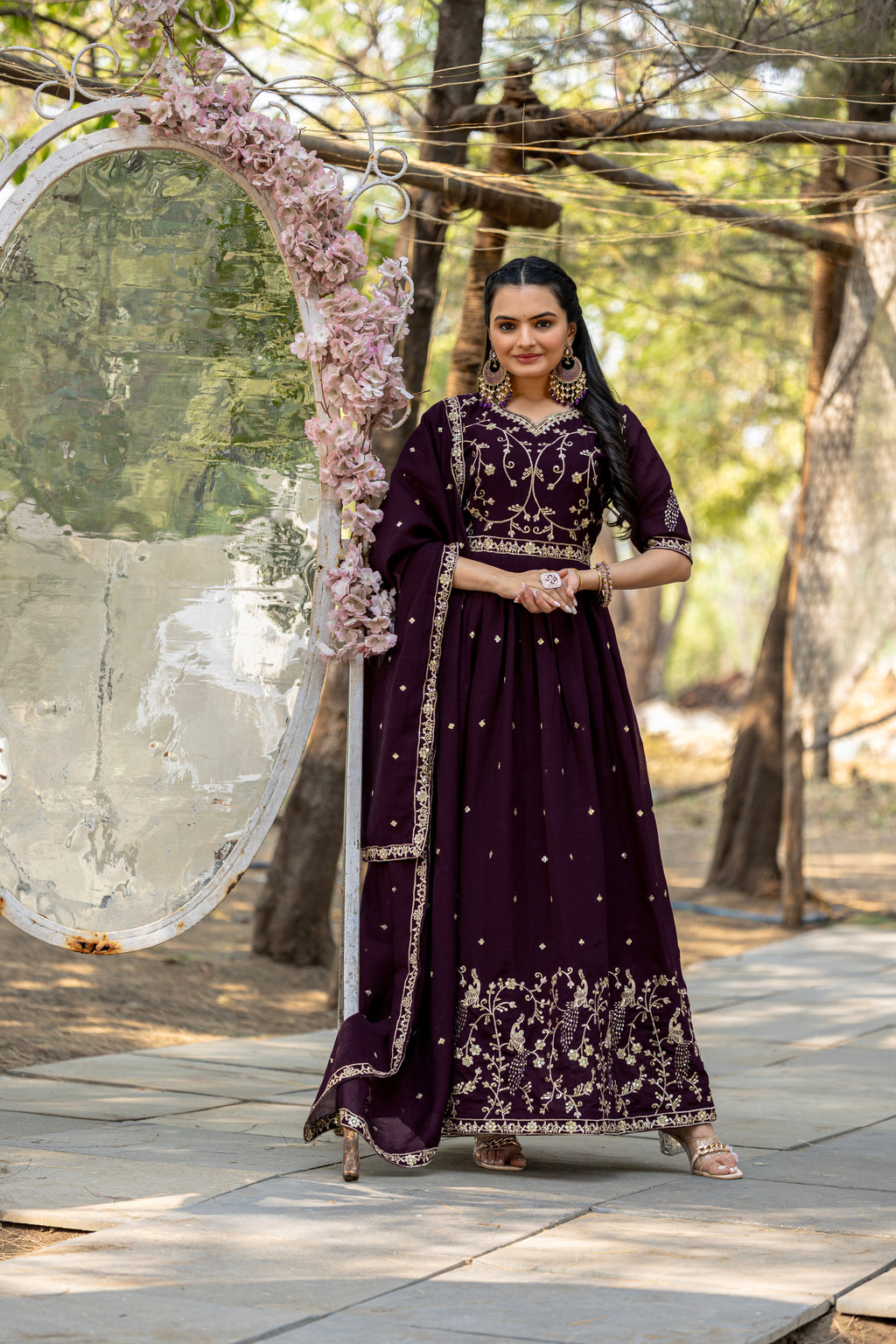 Wine Color Shimmer Vichitra Embroidered Gown with Dupatta