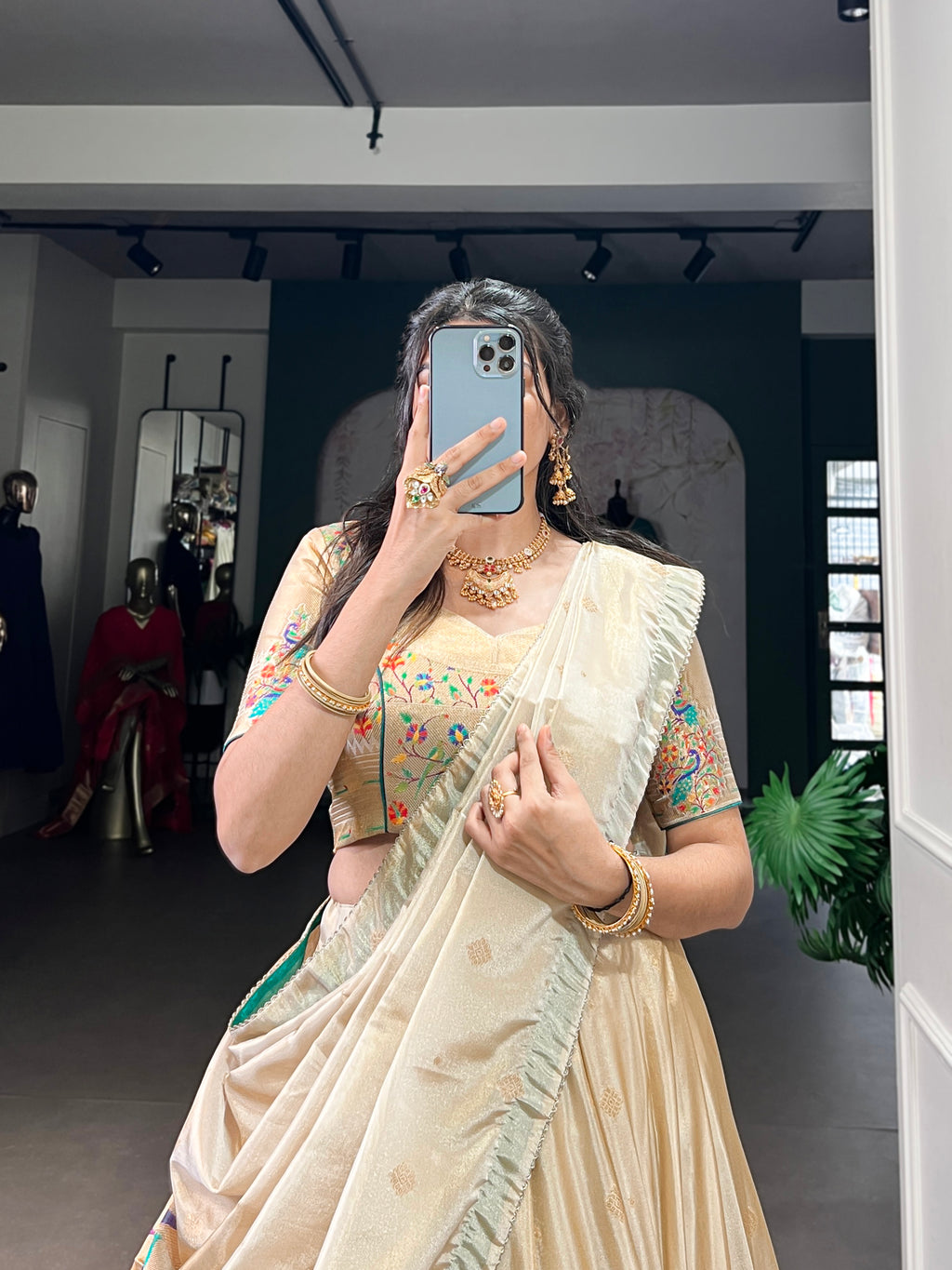 Kalyani Cream Color Shimmer Paithani Zari Weaving Green Border Lehenga Choli with Dupatta