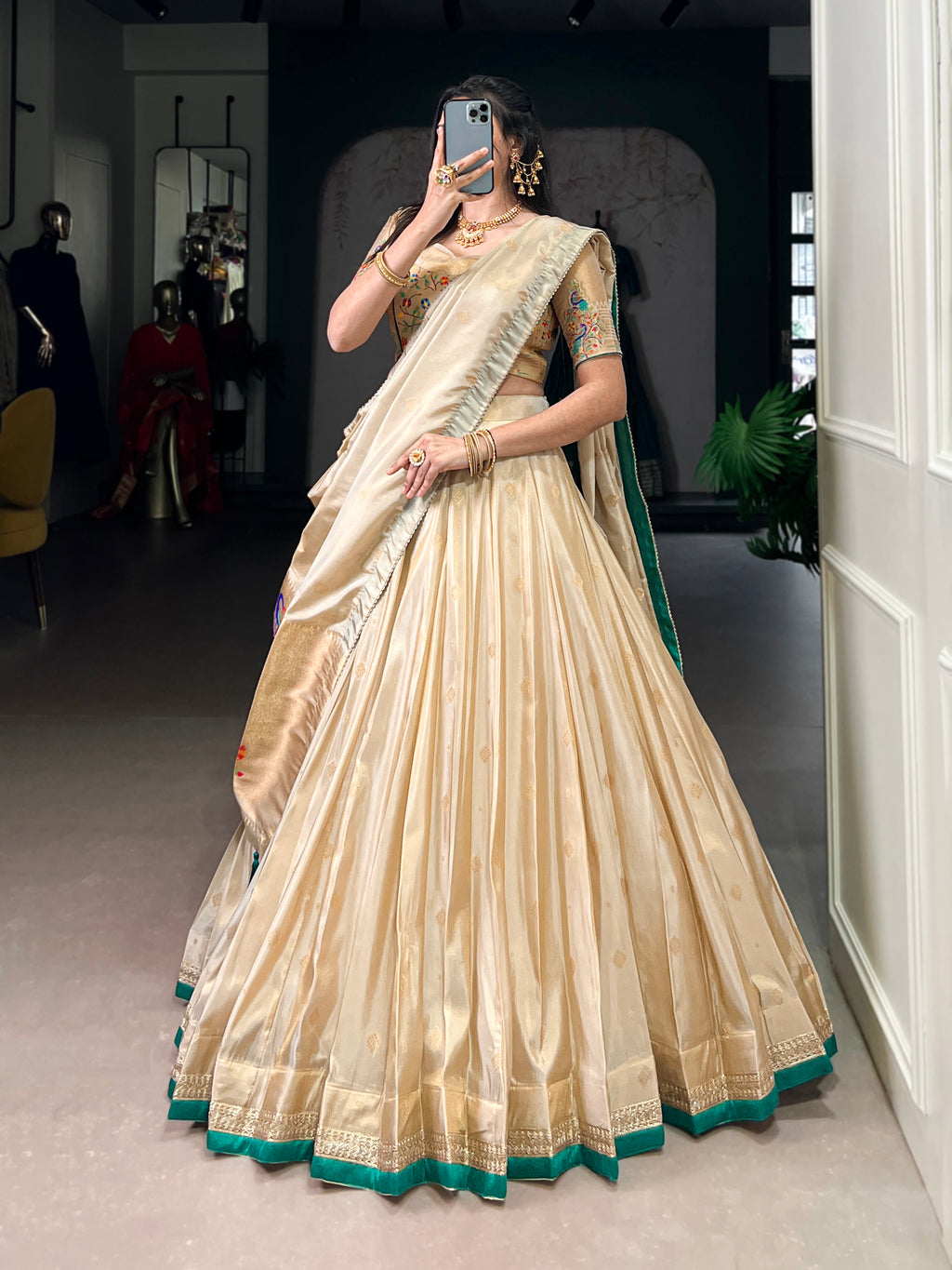 Kalyani Cream Color Shimmer Paithani Zari Weaving Green Border Lehenga Choli with Dupatta