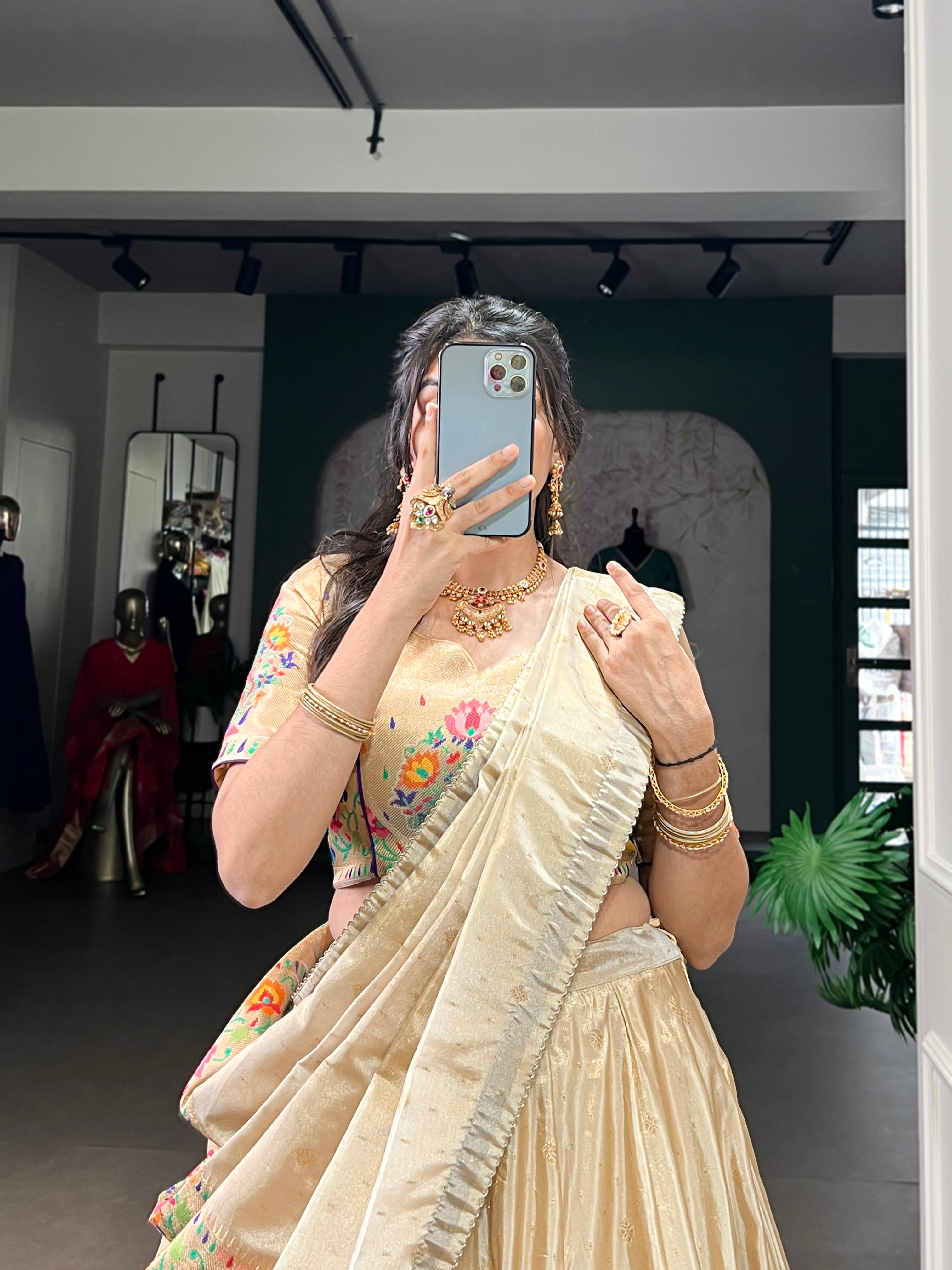 Kalyani Cream Color Shimmer Paithani Zari Weaving Purple Border Lehenga Choli with Dupatta