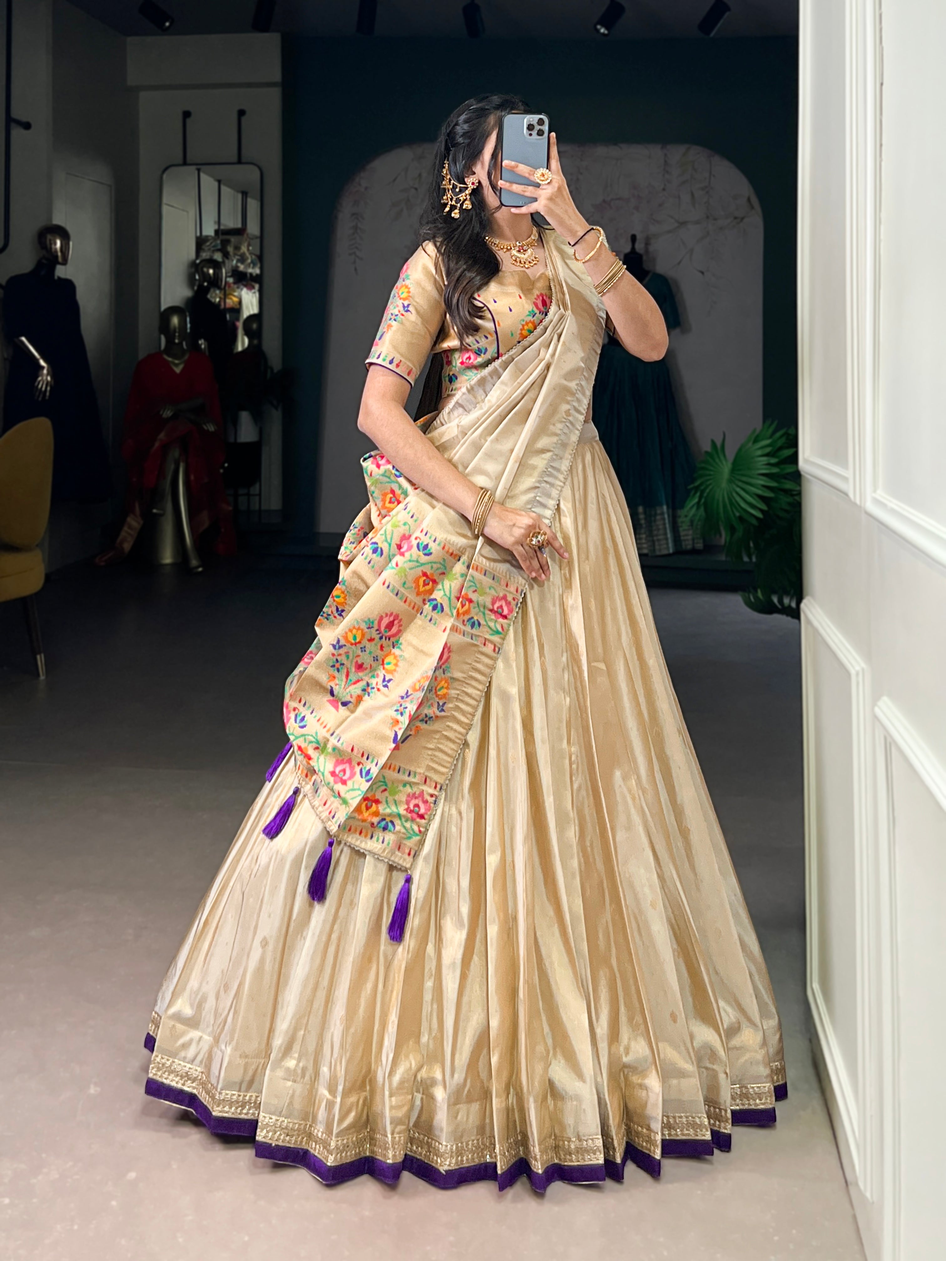 Kalyani Cream Color Shimmer Paithani Zari Weaving Purple Border Lehenga Choli with Dupatta