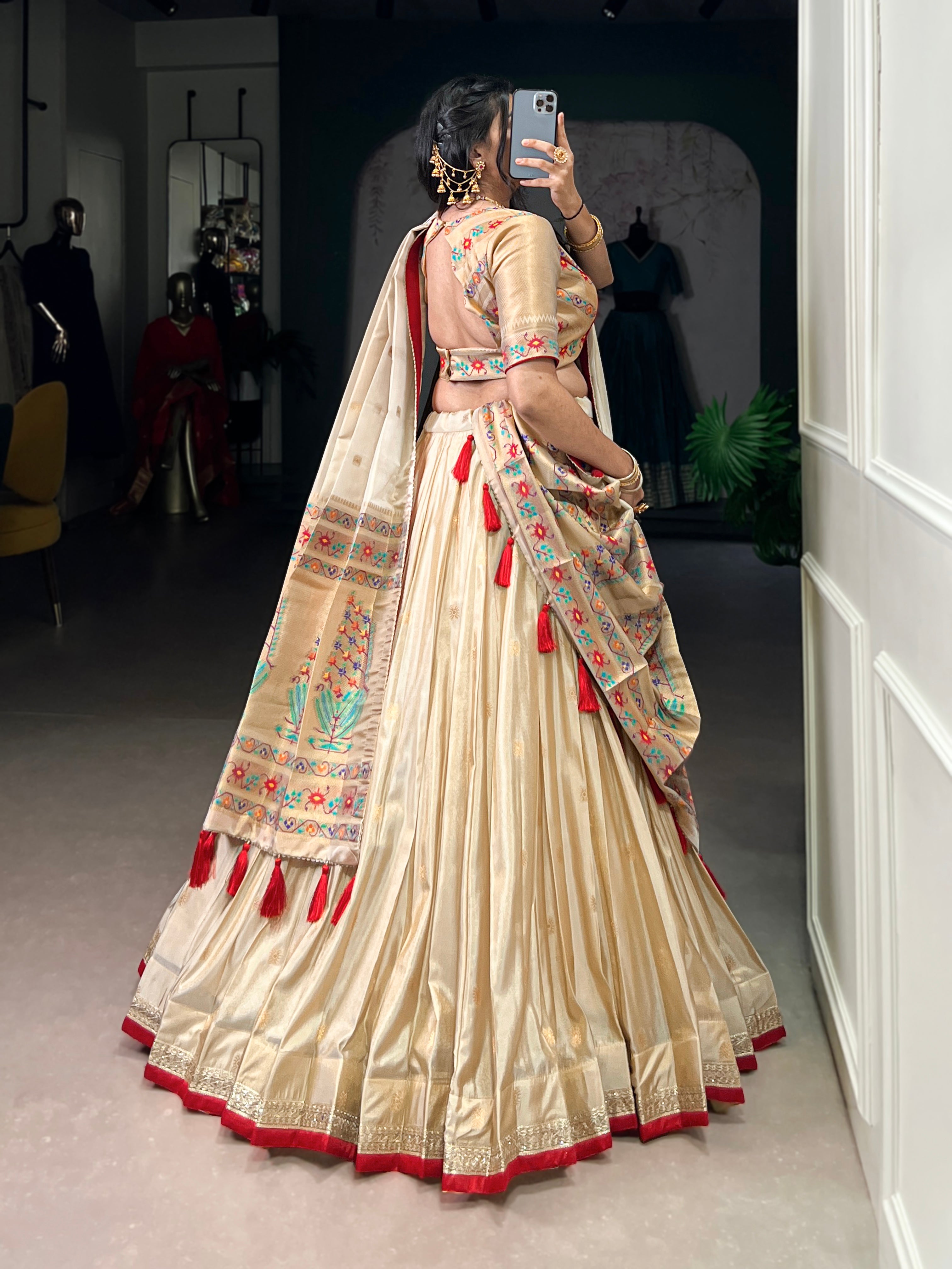Kalyani Cream Color Shimmer Paithani Zari Weaving Red Border Lehenga Choli with Dupatta