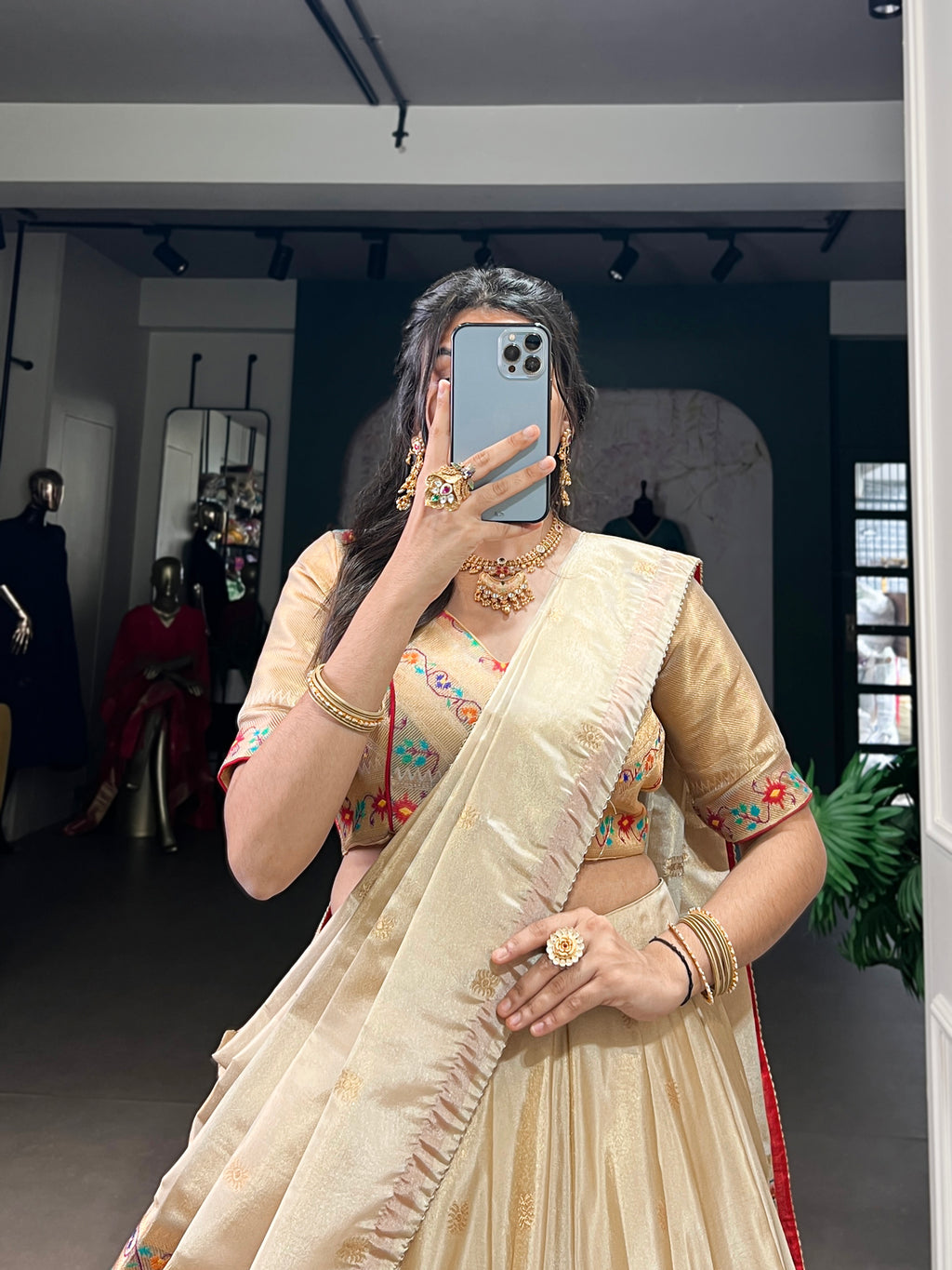 Kalyani Cream Color Shimmer Paithani Zari Weaving Red Border Lehenga Choli with Dupatta