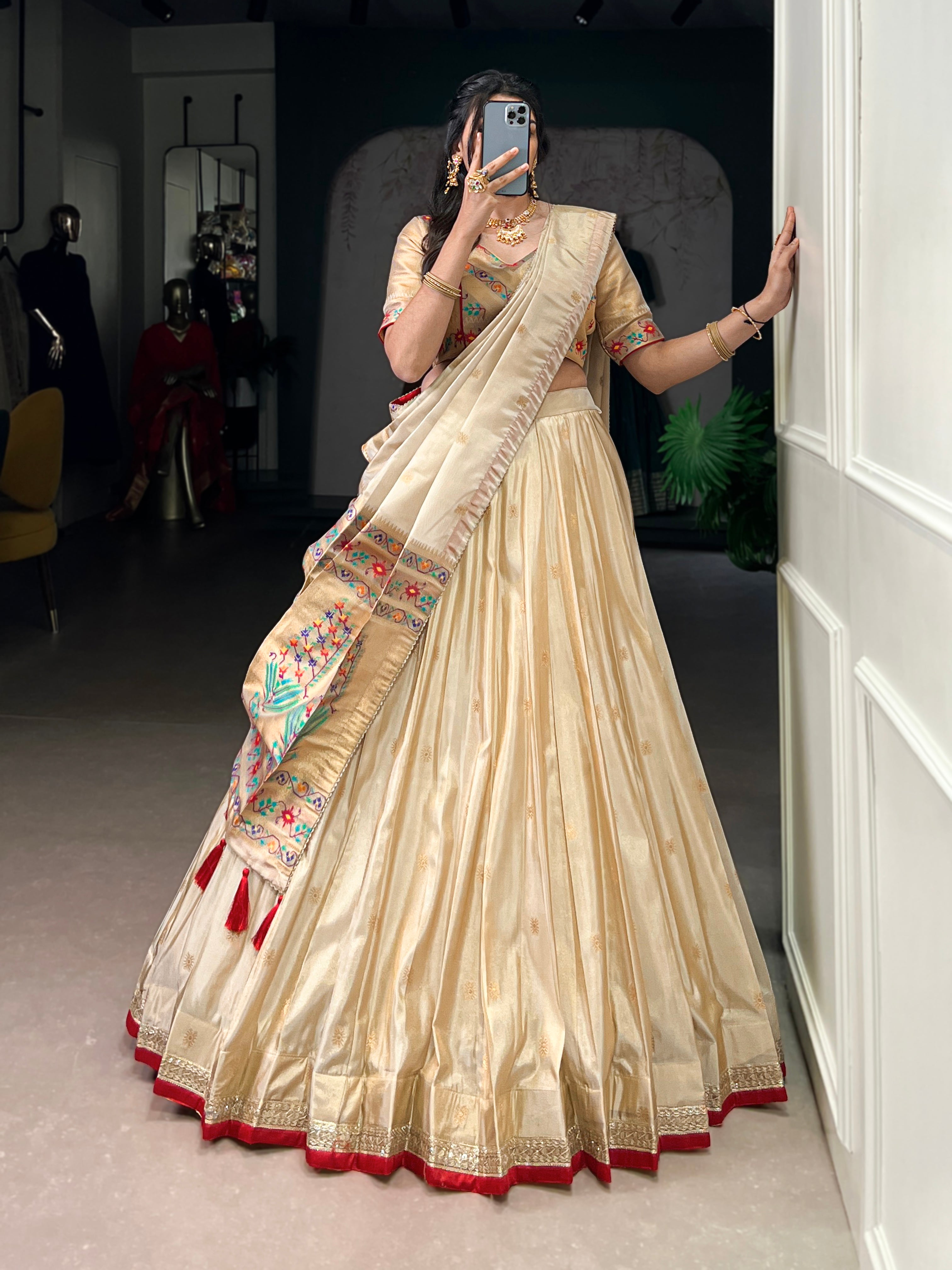 Kalyani Cream Color Shimmer Paithani Zari Weaving Red Border Lehenga Choli with Dupatta
