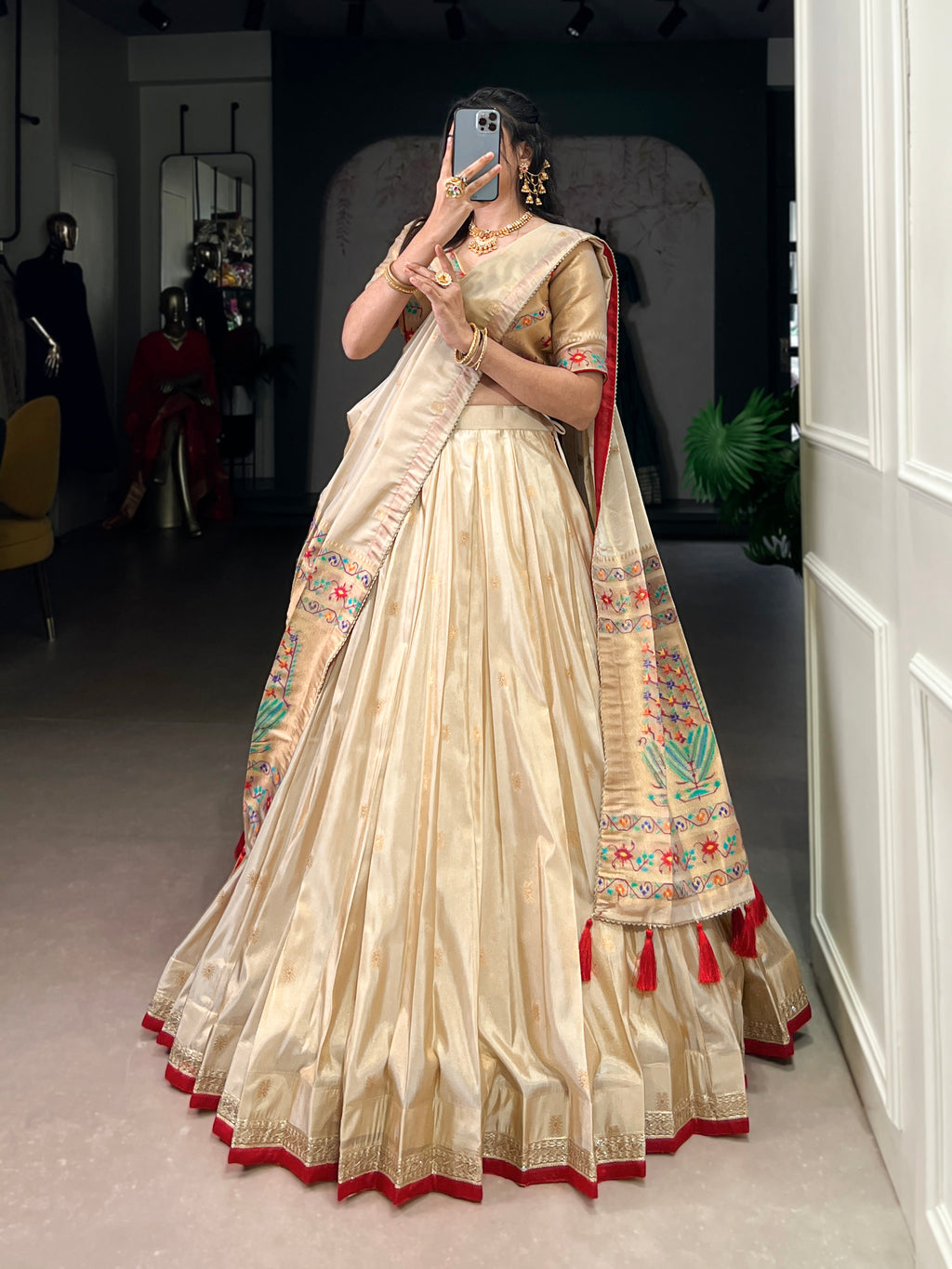 Kalyani Cream Color Shimmer Paithani Zari Weaving Red Border Lehenga Choli with Dupatta