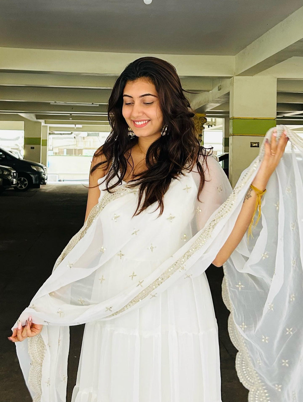 Devayani white georgette anarkali gown set