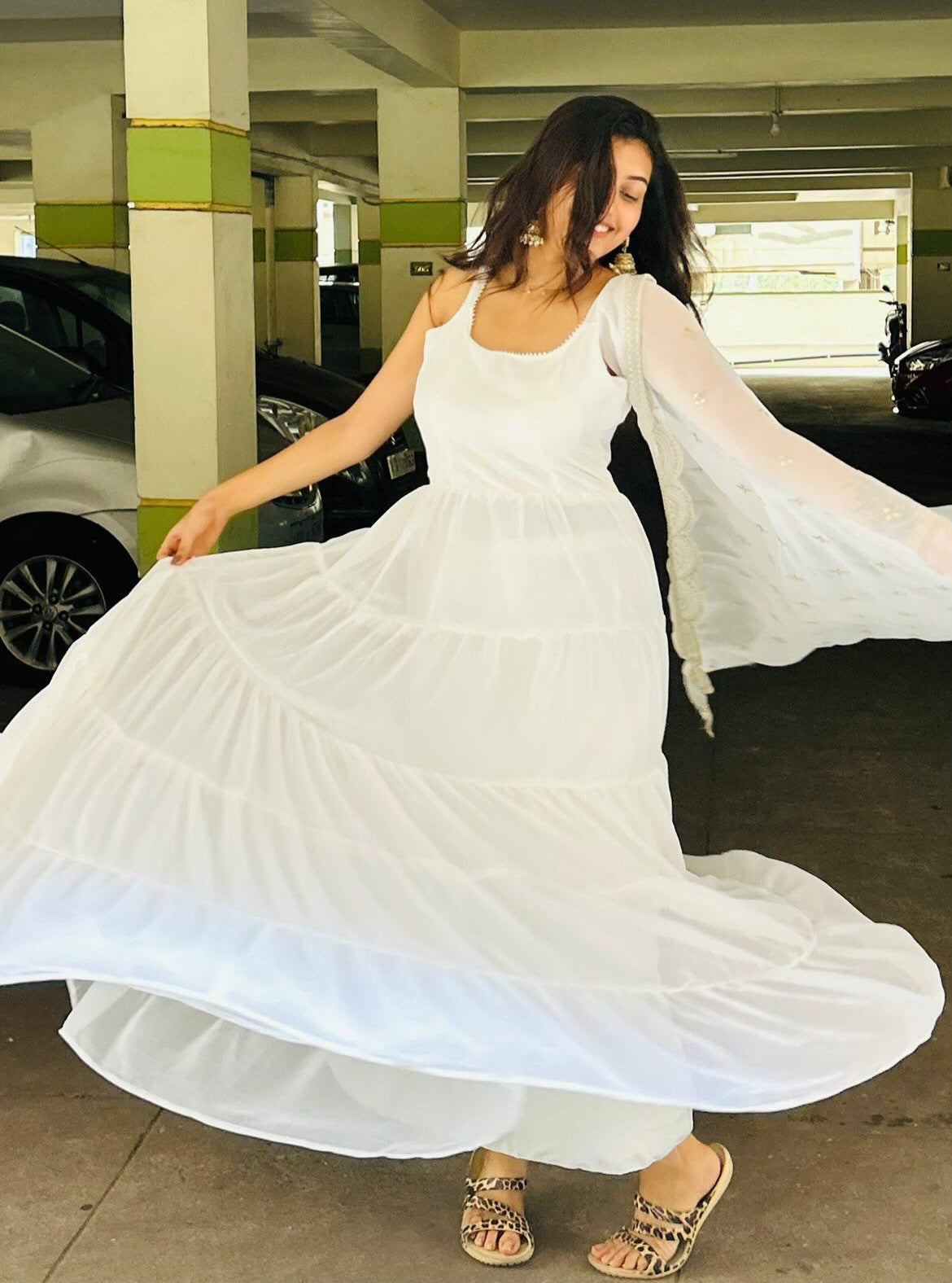Devayani white georgette anarkali gown set