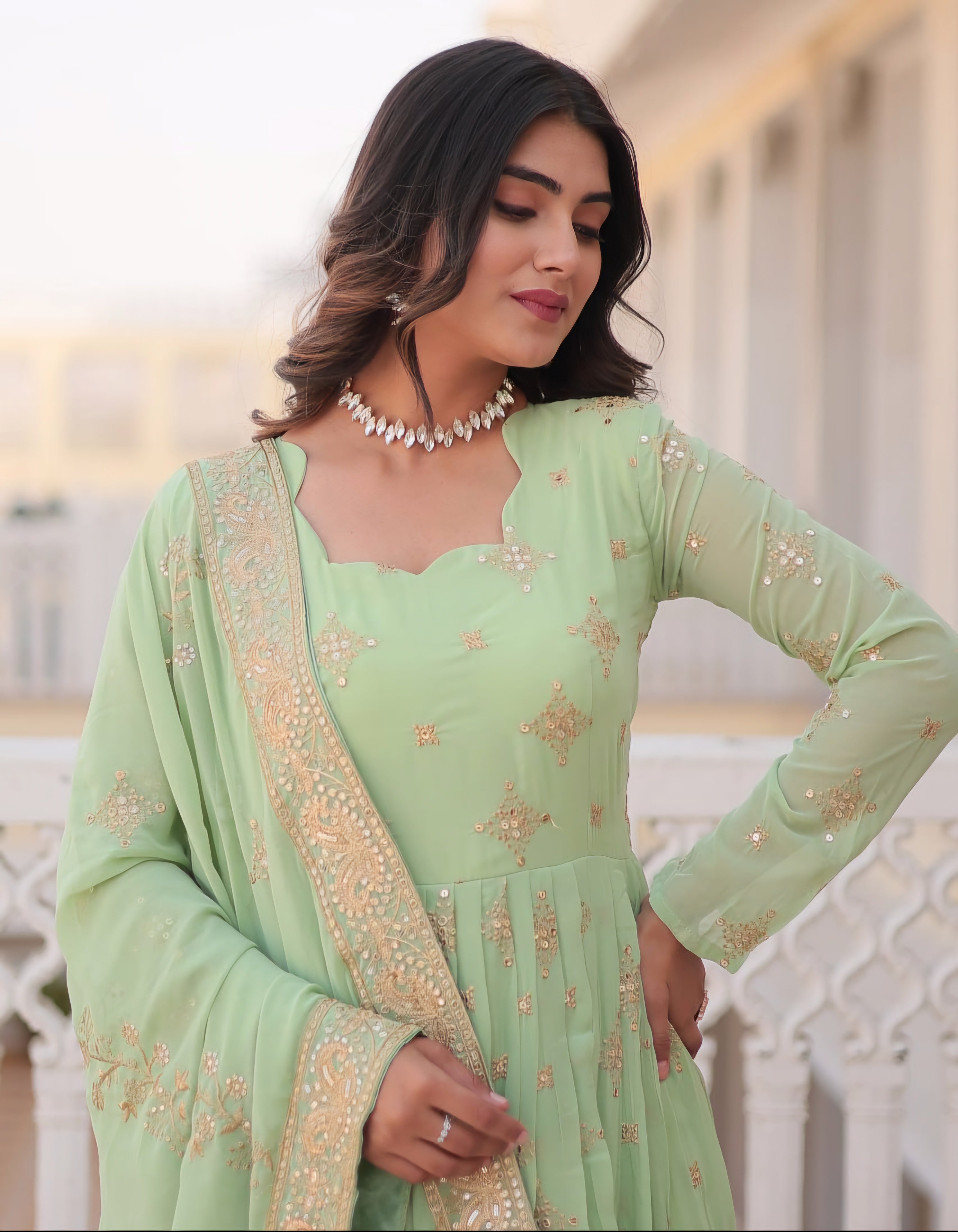 Sevya green georgette embroidered Anarkali gown set