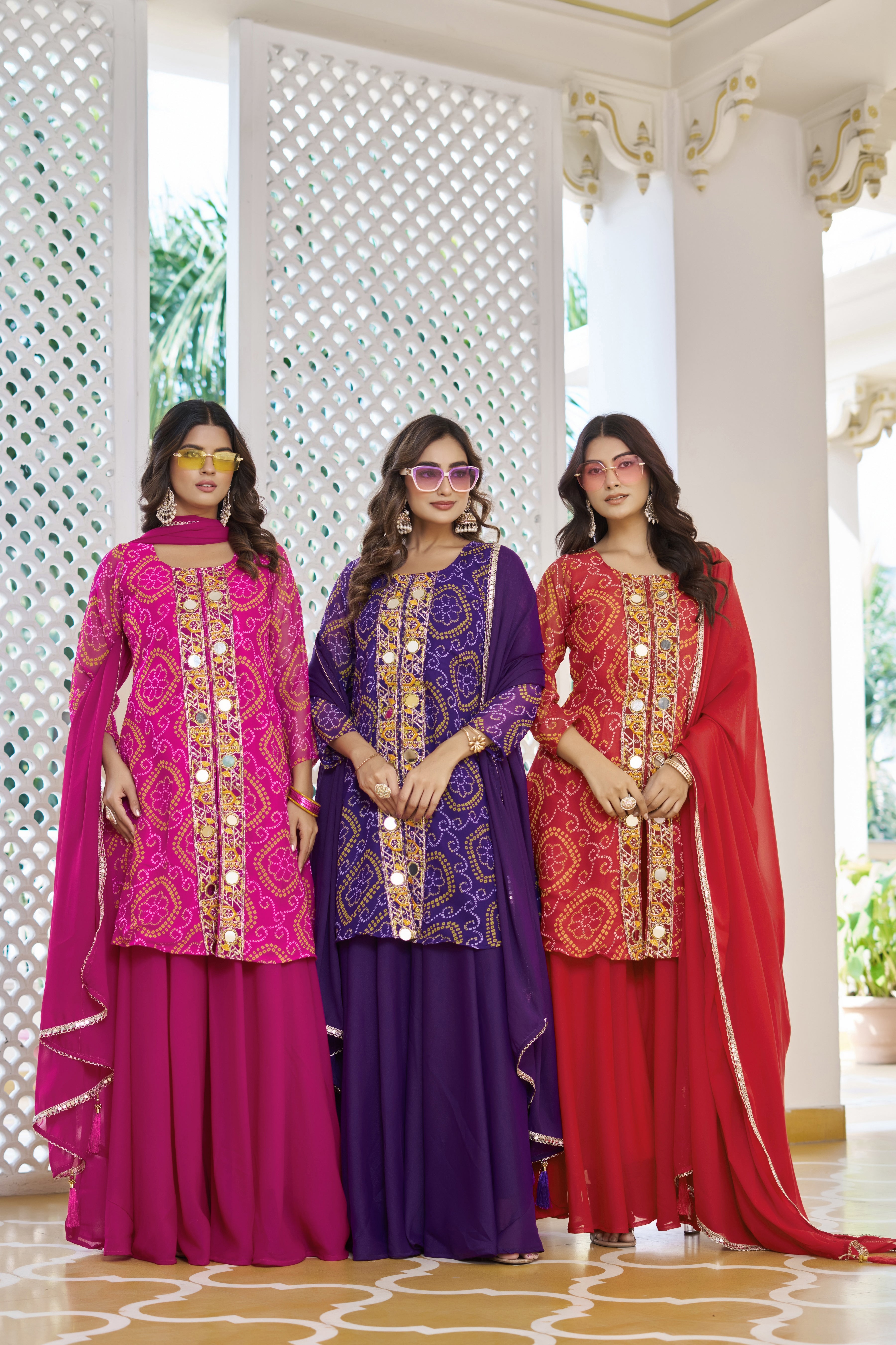 Trisha Fox Georgette Badhni Print Mirror Thred Beads Embroidery Work Kurti Palazzo Set