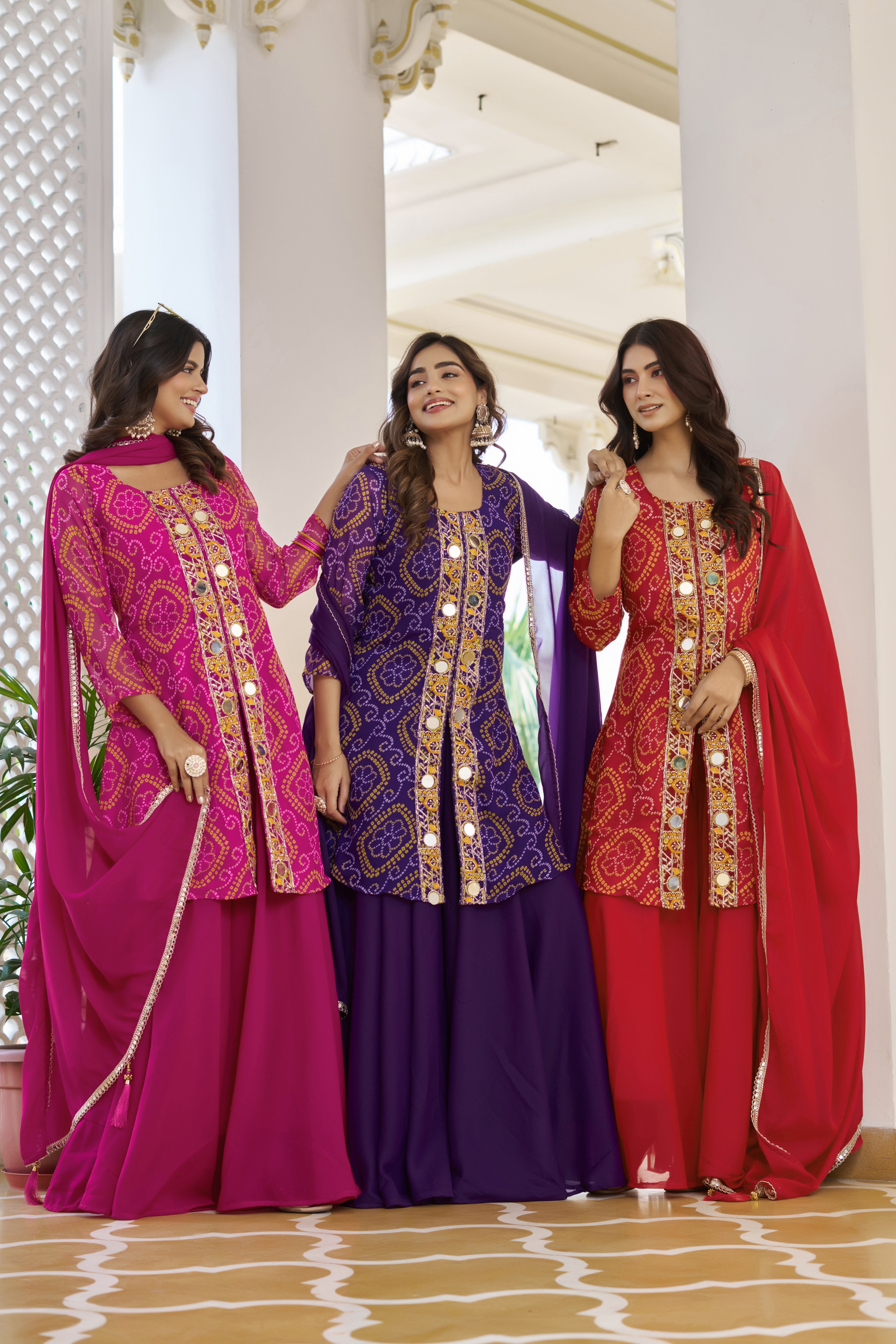 Trisha Fox Georgette Badhni Print Mirror Thred Beads Embroidery Work Kurti Palazzo Set