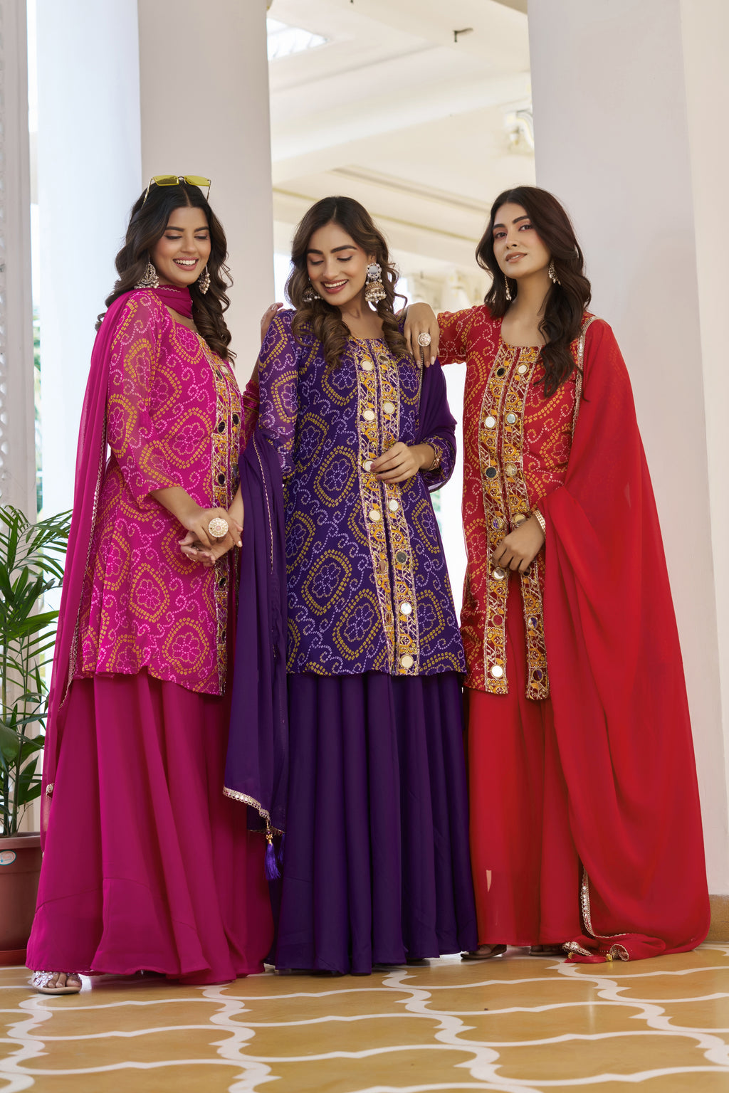 Trisha Fox Georgette Badhni Print Mirror Thred Beads Embroidery Work Kurti Palazzo Set