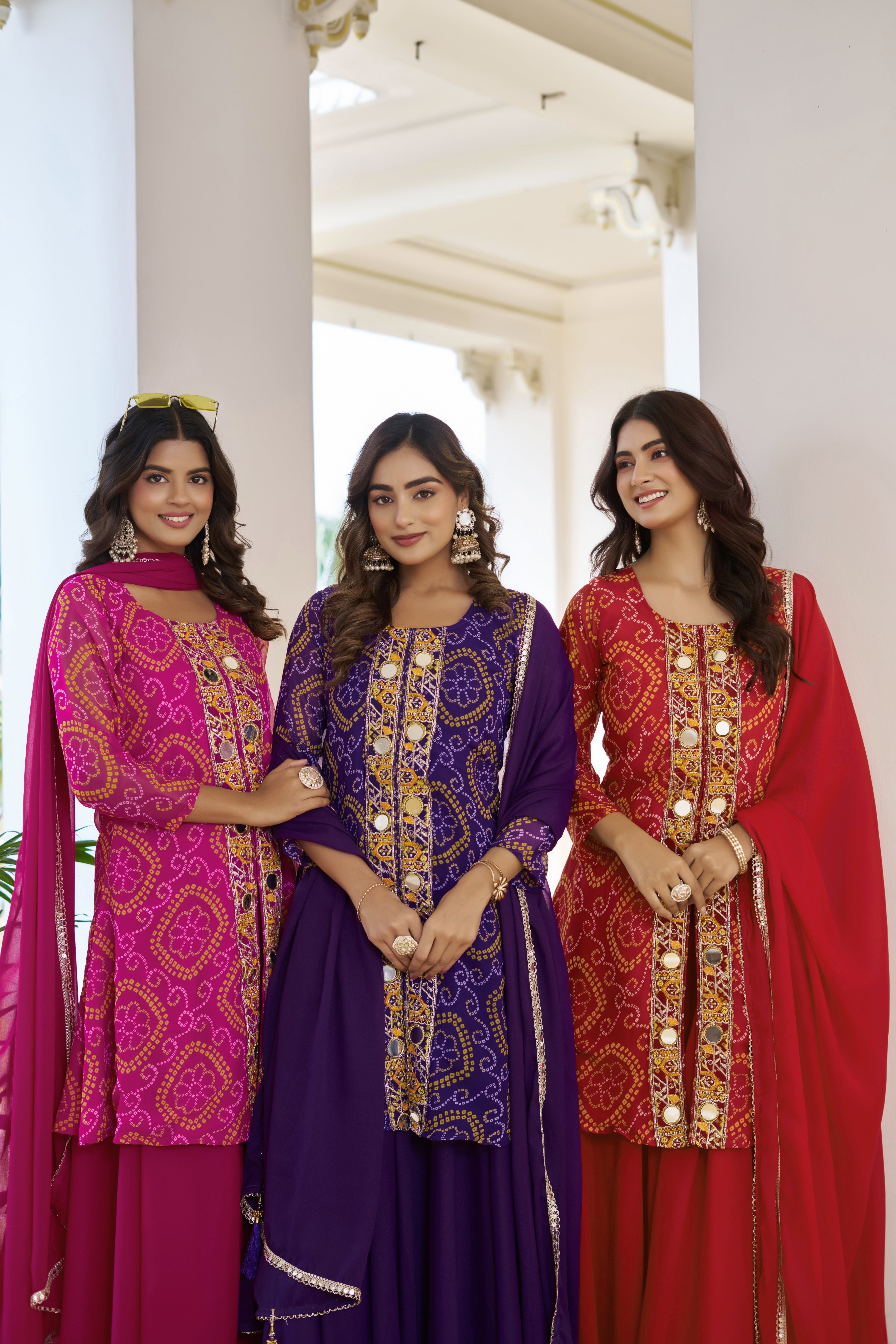 Trisha Fox Georgette Badhni Print Mirror Thred Beads Embroidery Work Kurti Palazzo Set