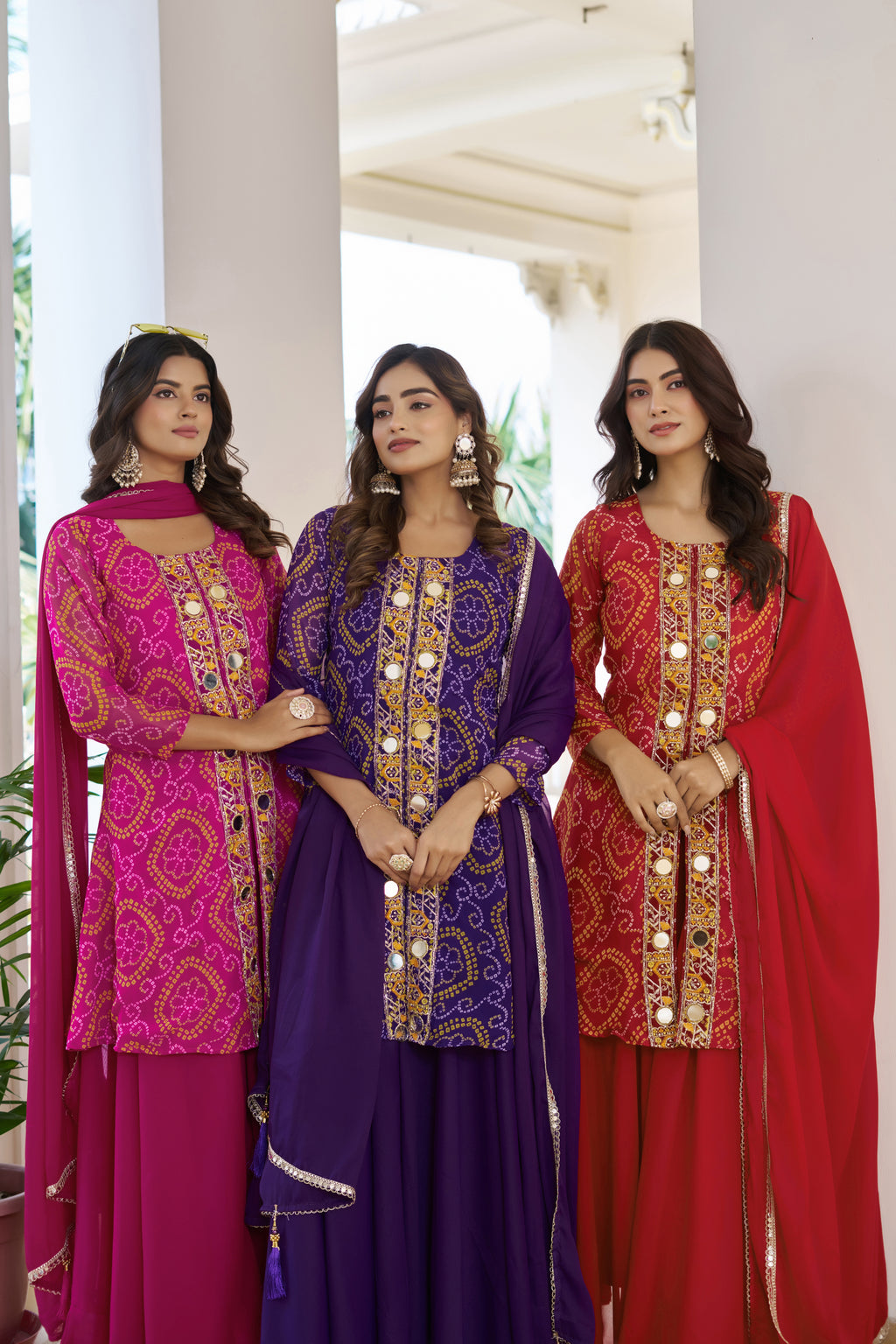 Trisha Fox Georgette Badhni Print Mirror Thred Beads Embroidery Work Kurti Palazzo Set