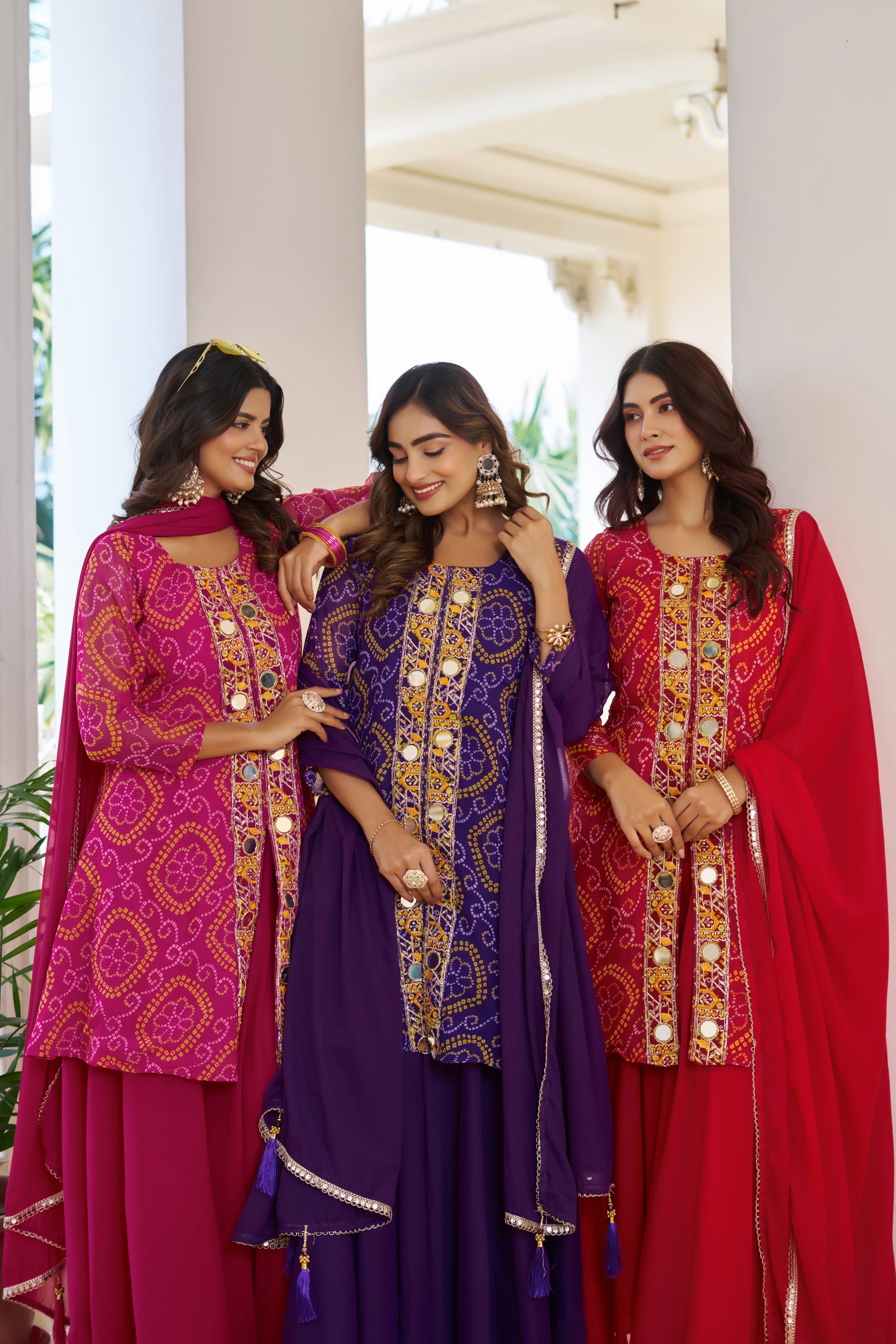 Trisha Fox Georgette Badhni Print Mirror Thred Beads Embroidery Work Kurti Palazzo Set