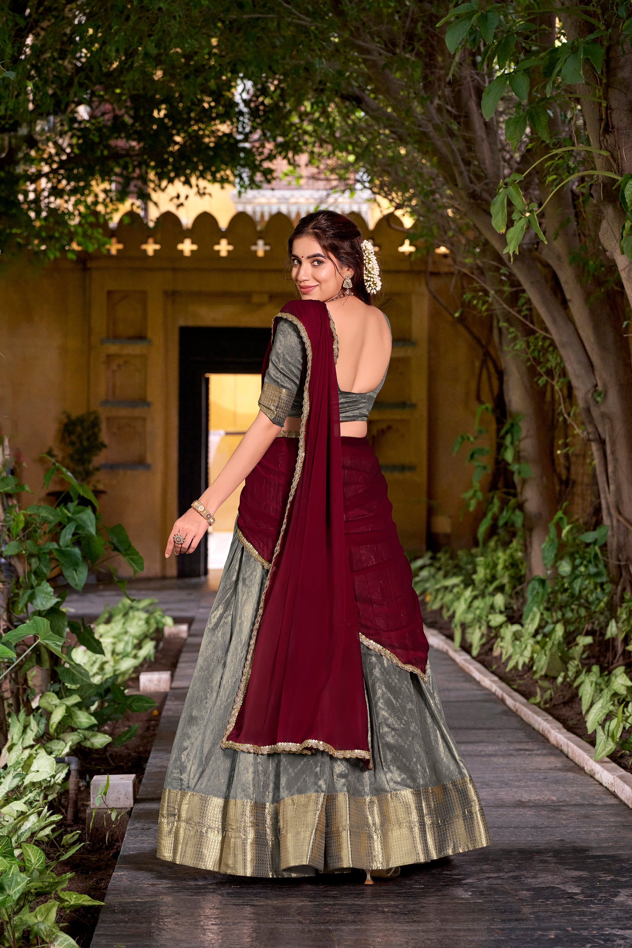 Suvarna Grey Color Dupion Silk Zari Weaving Work Half Saree Lehenga