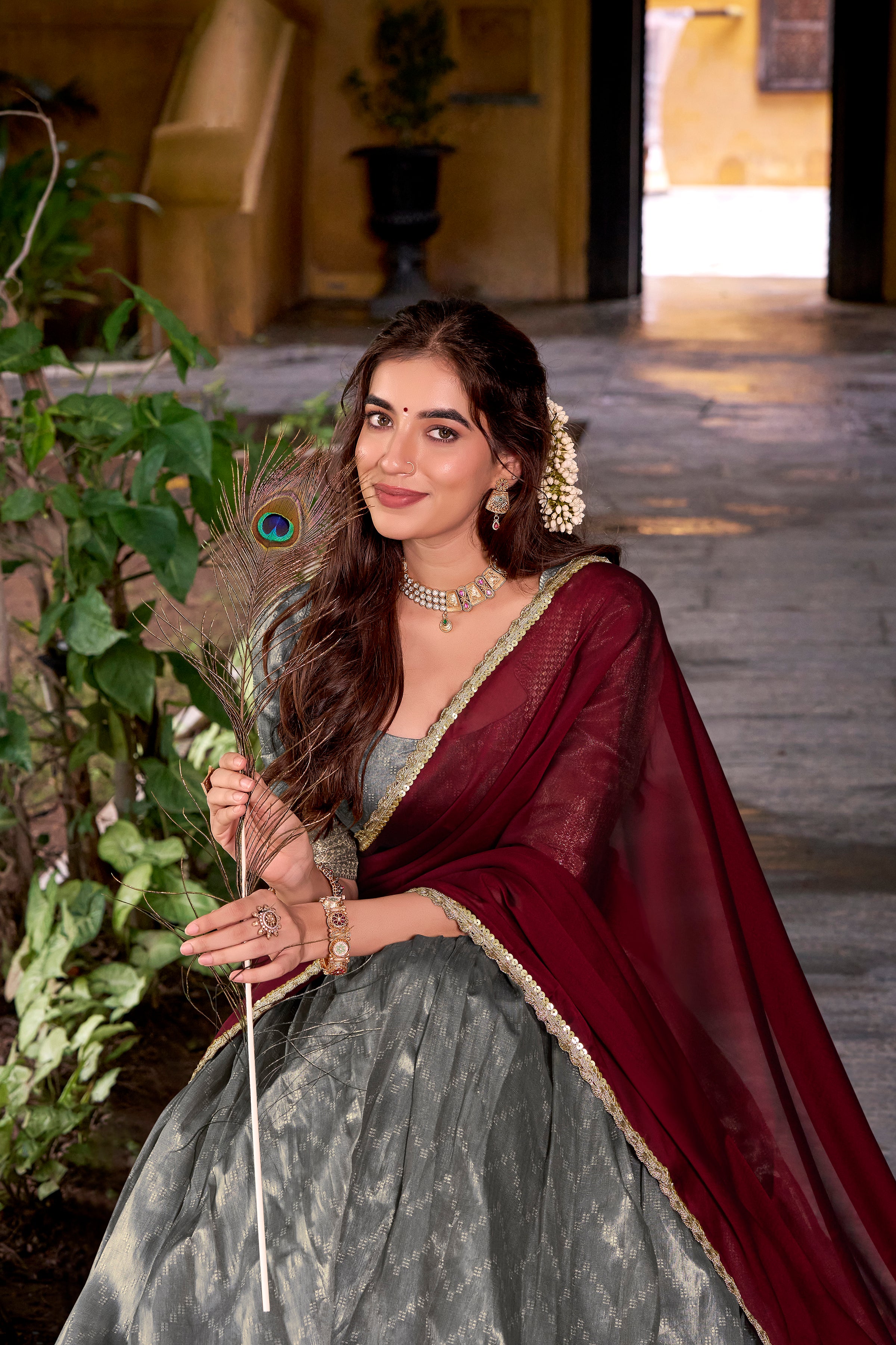 Suvarna Grey Color Dupion Silk Zari Weaving Work Half Saree Lehenga