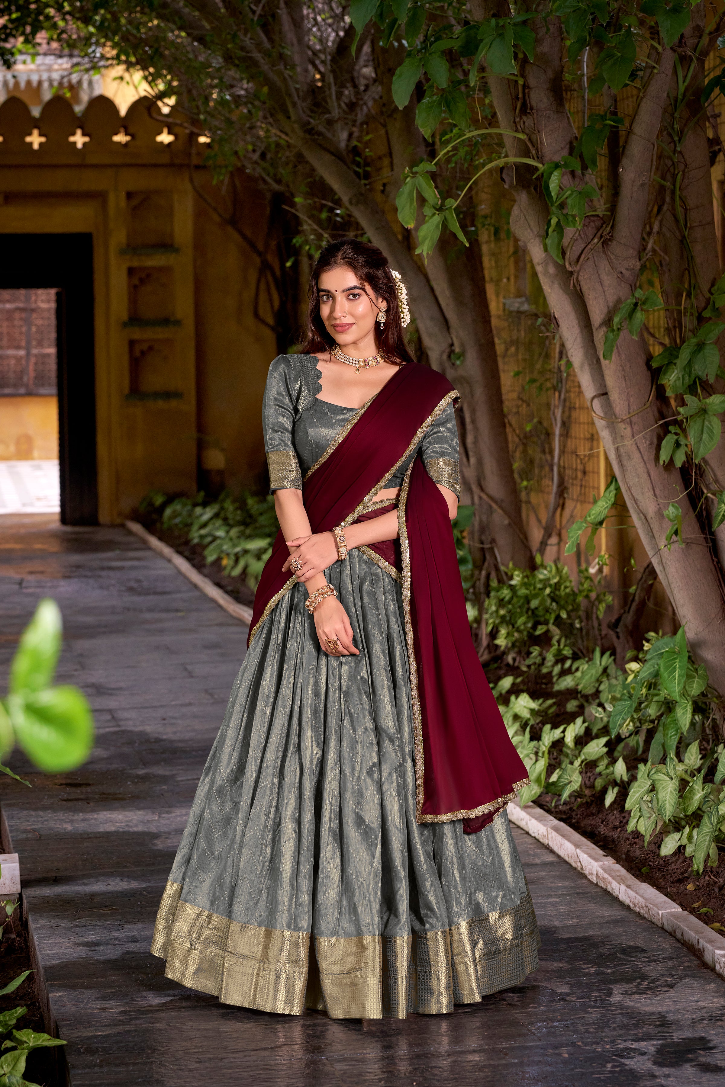 Suvarna Grey Color Dupion Silk Zari Weaving Work Half Saree Lehenga