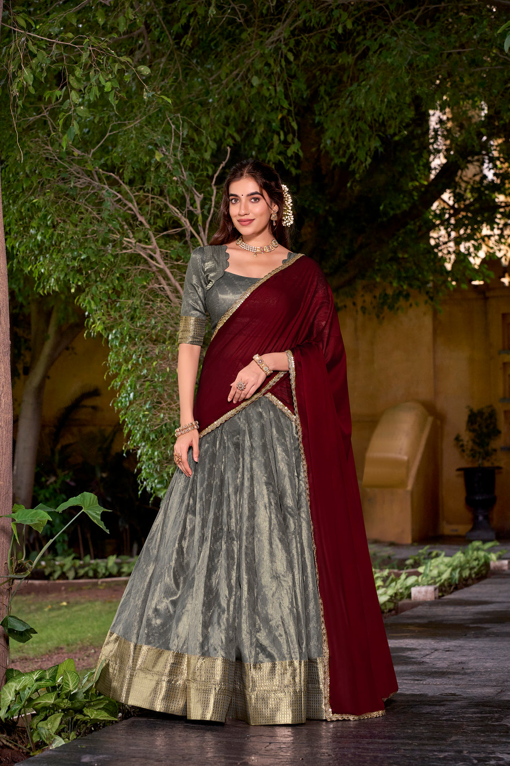 Suvarna Grey Color Dupion Silk Zari Weaving Work Half Saree Lehenga