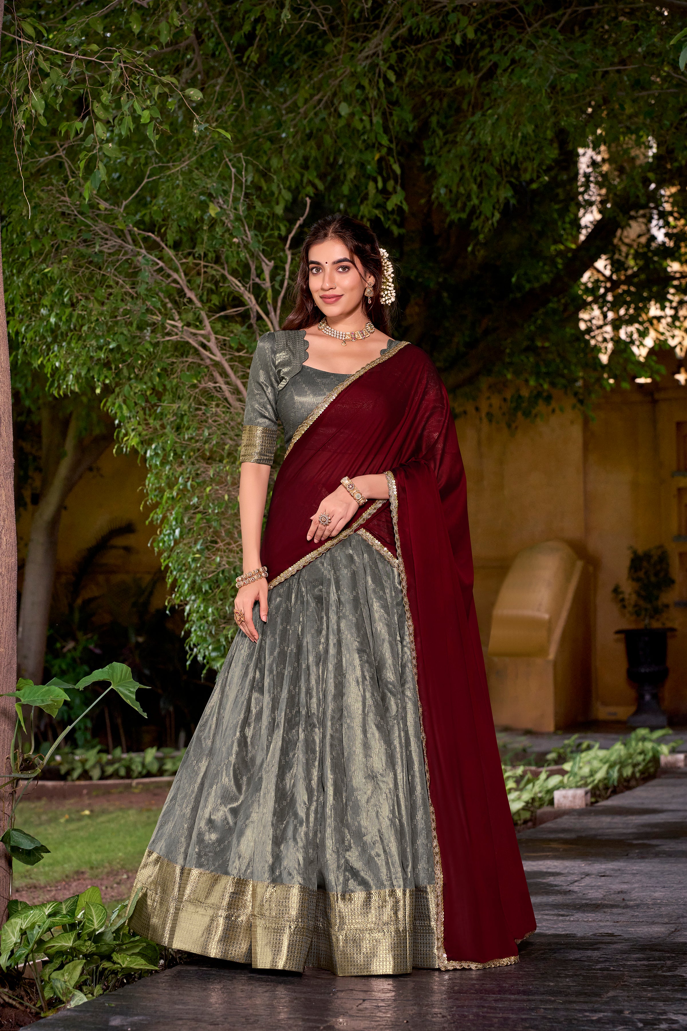 Suvarna Grey Color Dupion Silk Zari Weaving Work Half Saree Lehenga