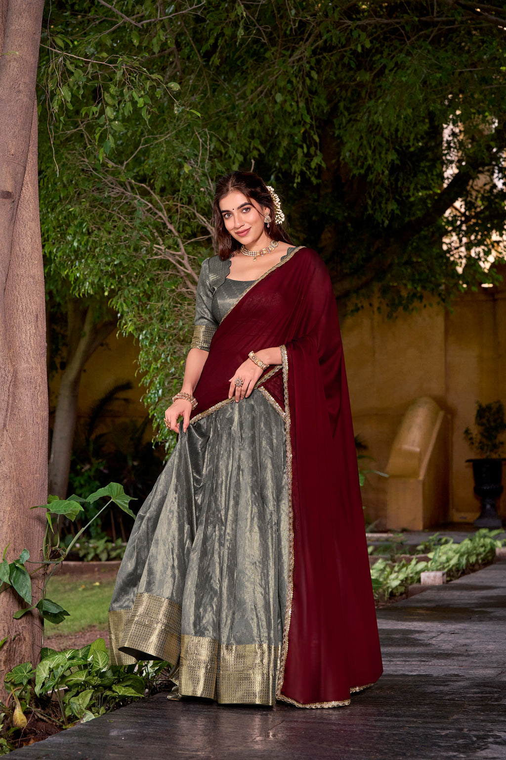 Suvarna Grey Color Dupion Silk Zari Weaving Work Half Saree Lehenga