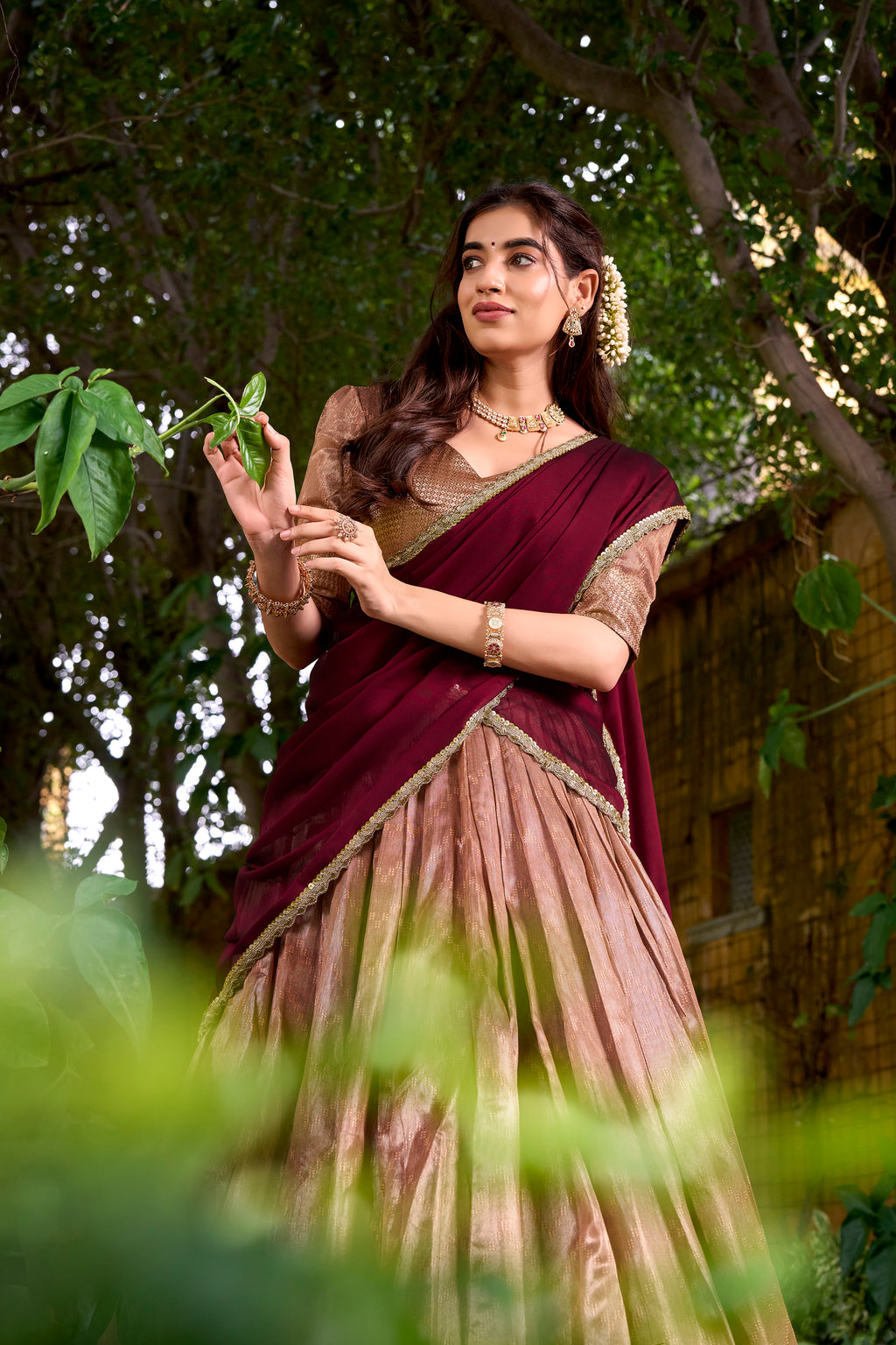 Suvarna Peach Color Dupion Silk Zari Weaving Work Half Saree Lehenga