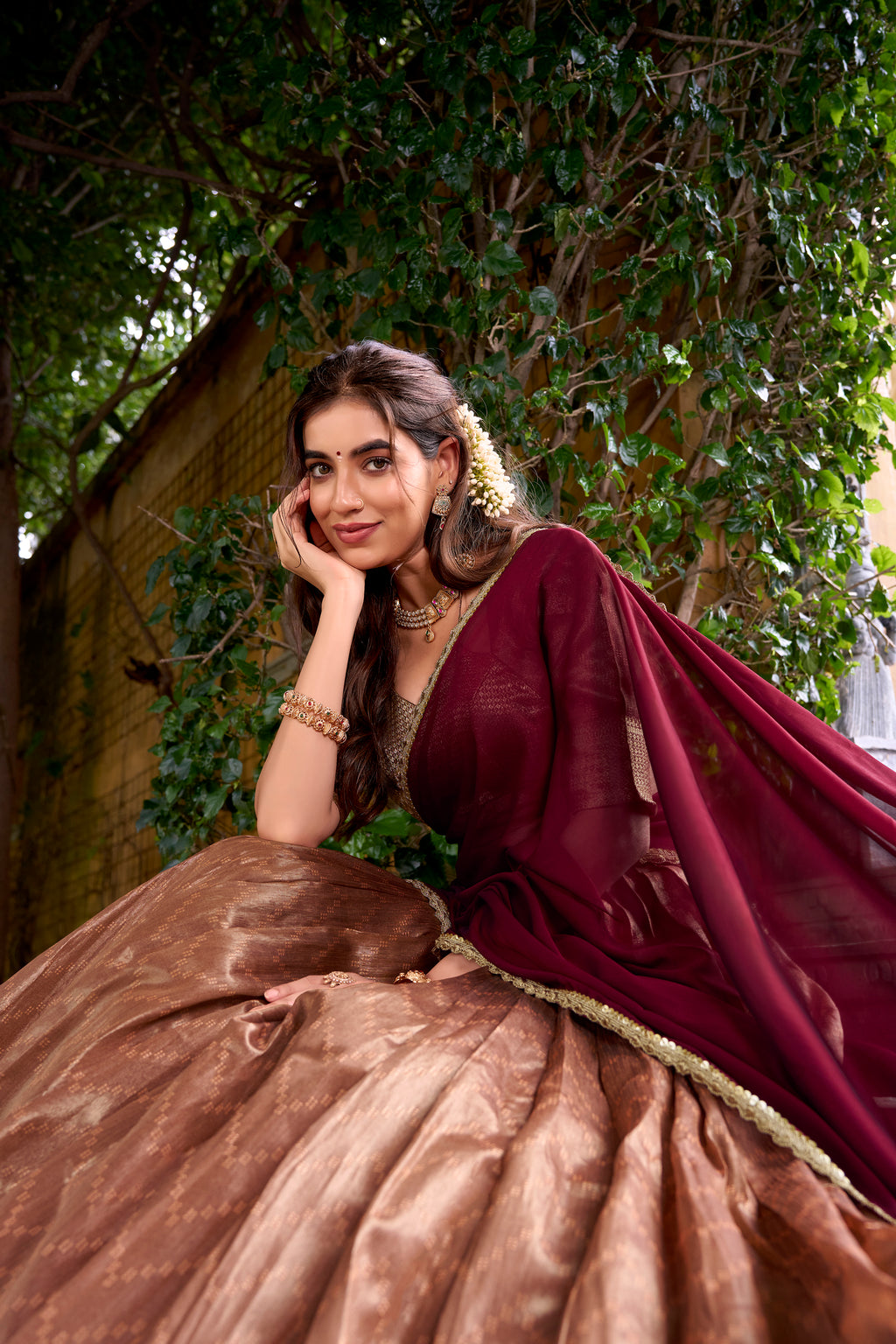 Suvarna Peach Color Dupion Silk Zari Weaving Work Half Saree Lehenga