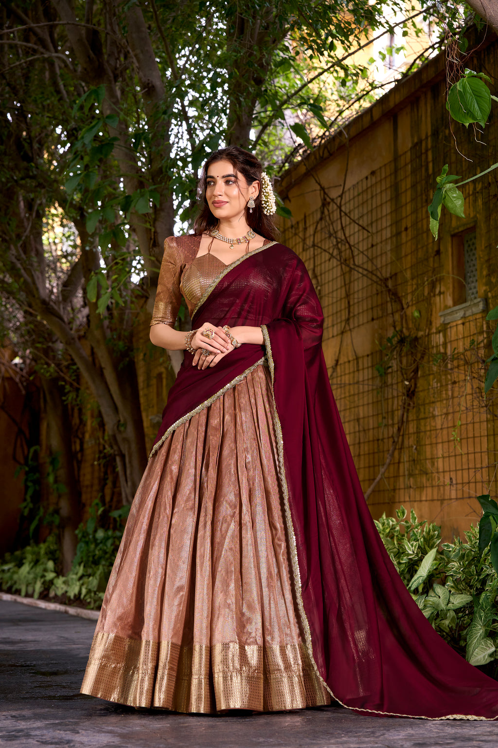 Suvarna Peach Color Dupion Silk Zari Weaving Work Half Saree Lehenga