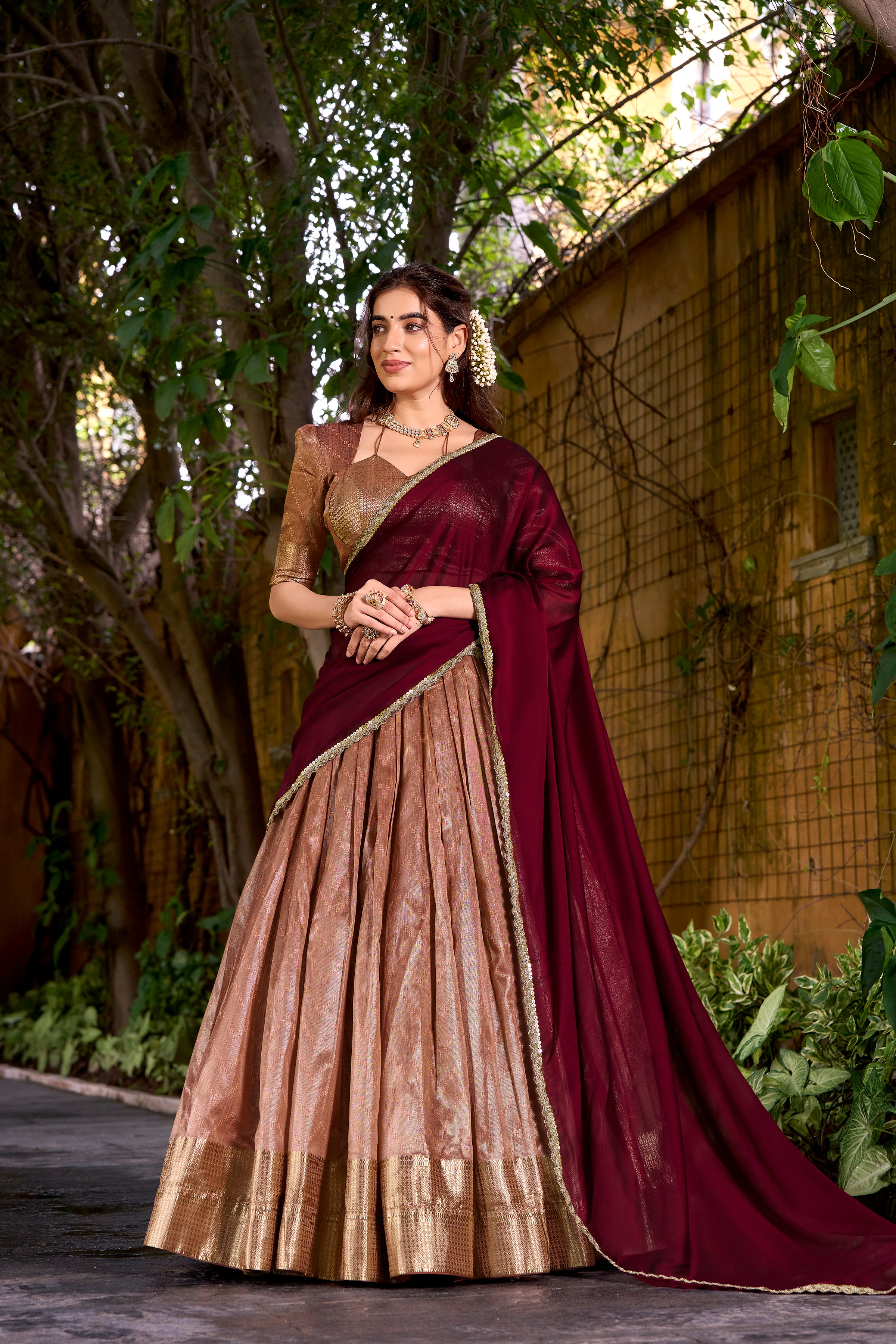 Suvarna Peach Color Dupion Silk Zari Weaving Work Half Saree Lehenga