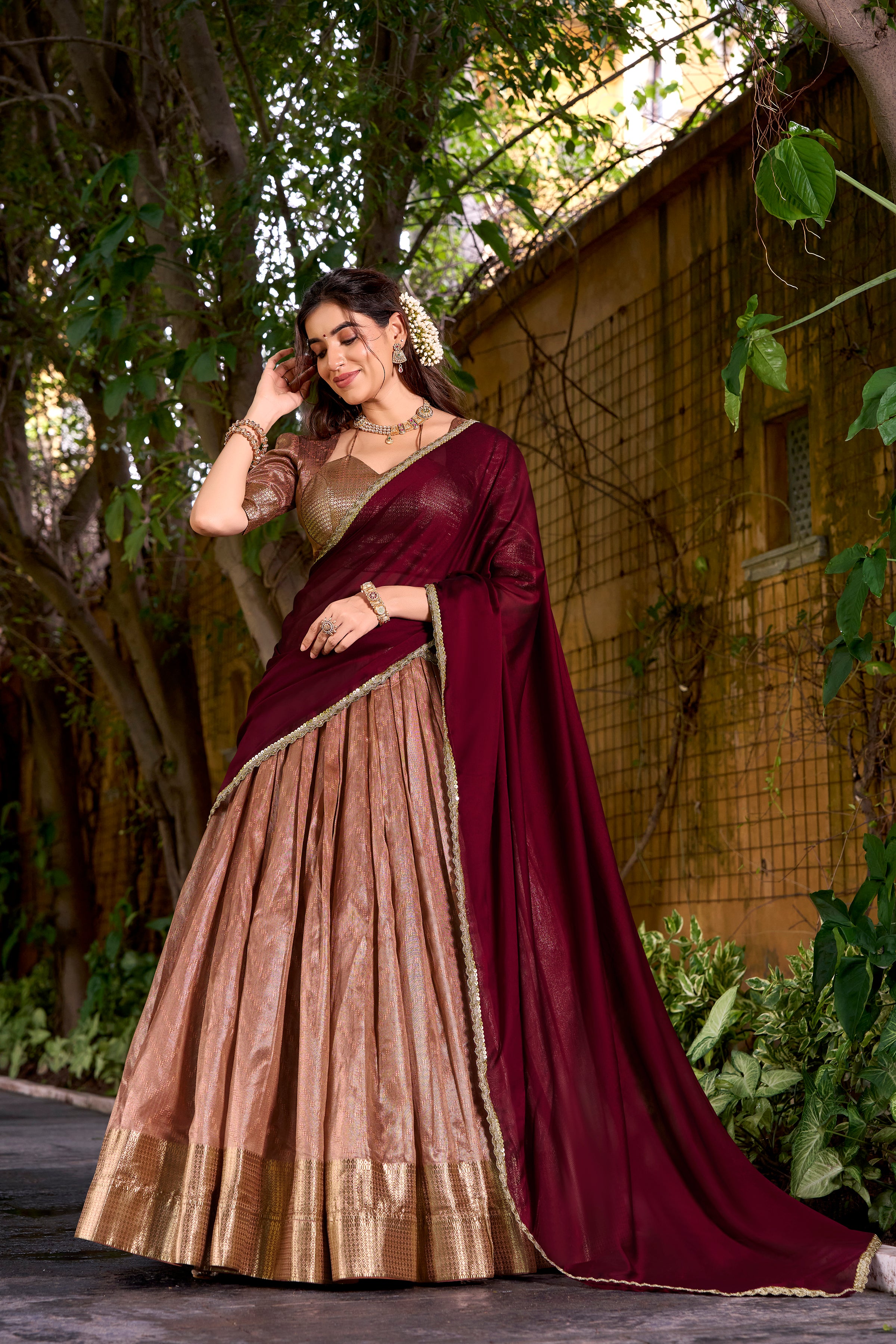 Suvarna Peach Color Dupion Silk Zari Weaving Work Half Saree Lehenga