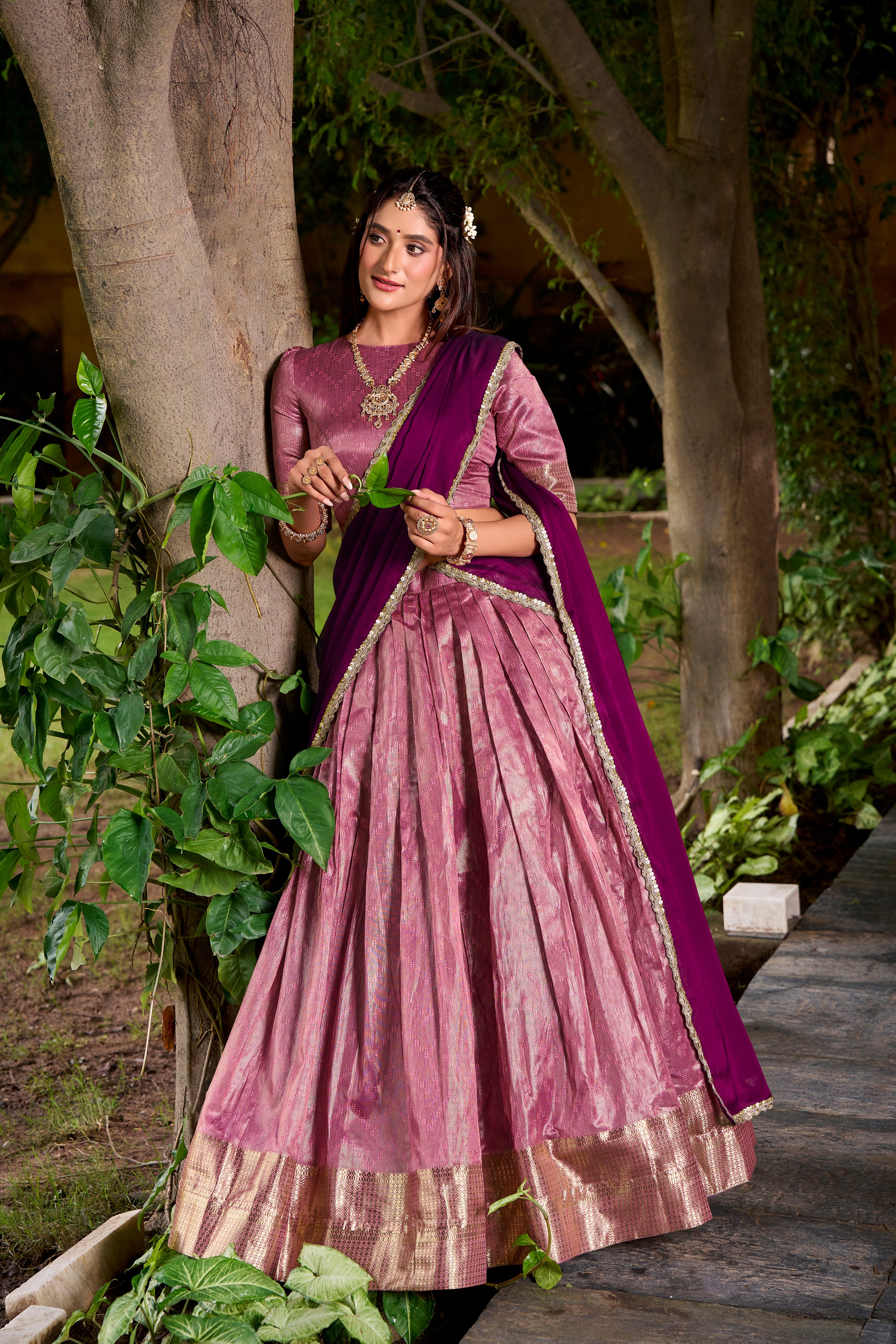 Suvarna Pink Color Dupion Silk Zari Weaving Work Half Saree Lehenga