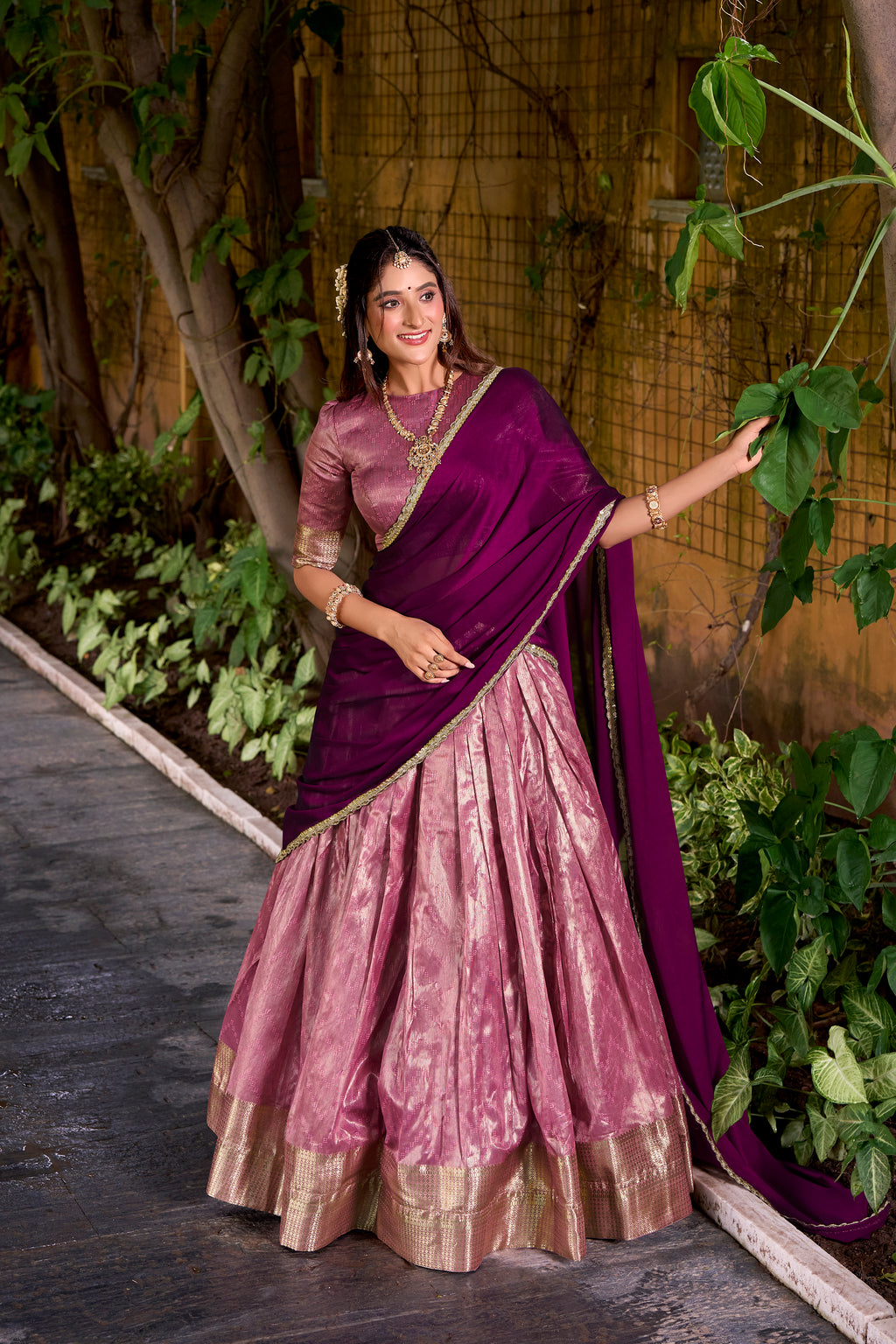 Suvarna Pink Color Dupion Silk Zari Weaving Work Half Saree Lehenga