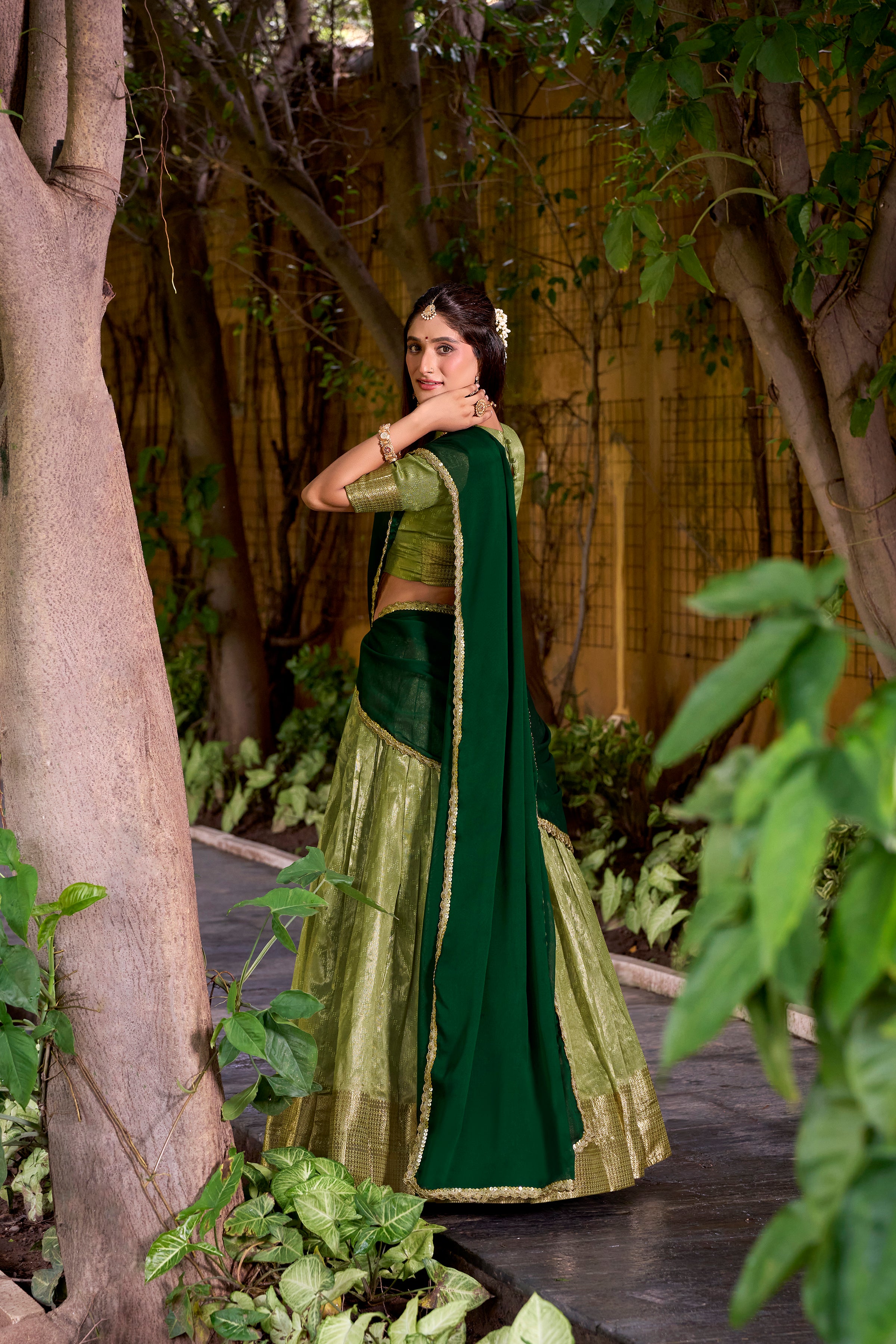 Suvarna Pista Green Dupion Silk Zari Weaving Work Half Saree Lehenga
