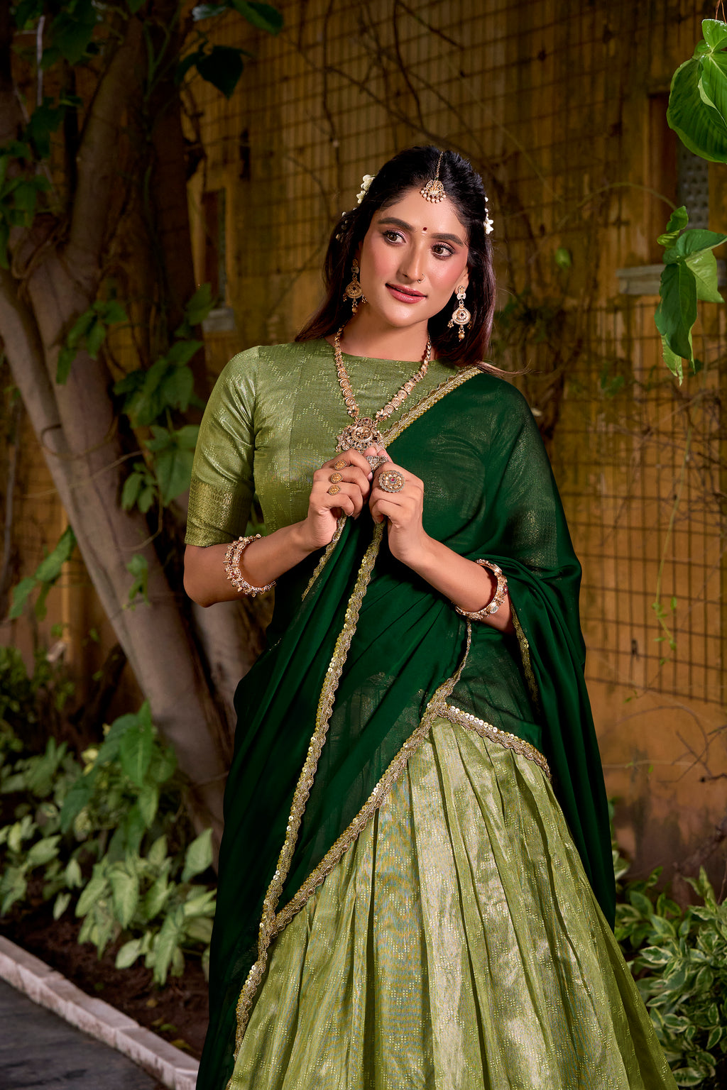 Suvarna Pista Green Dupion Silk Zari Weaving Work Half Saree Lehenga
