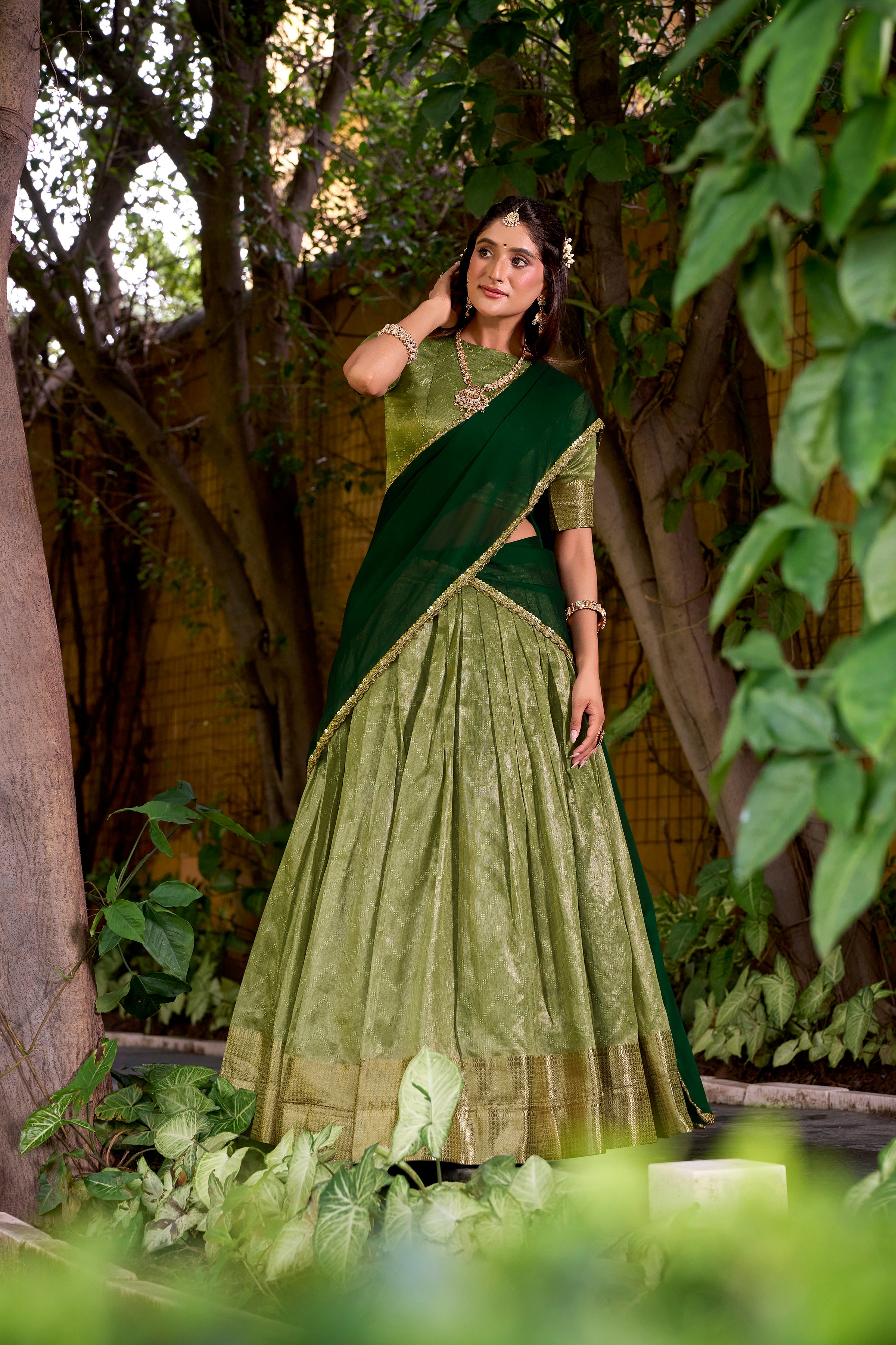 Suvarna Pista Green Dupion Silk Zari Weaving Work Half Saree Lehenga