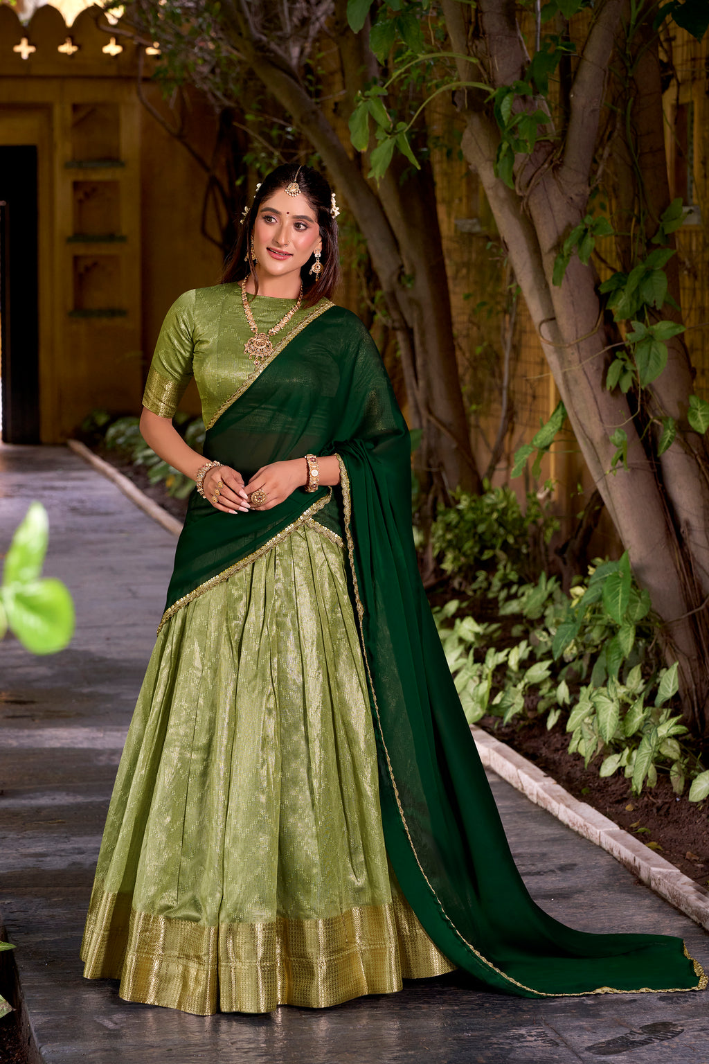 Suvarna Pista Green Dupion Silk Zari Weaving Work Half Saree Lehenga