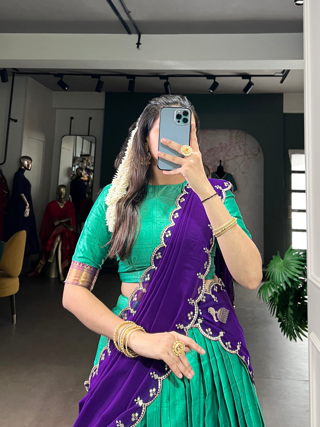 Niya Sea Green Poly Cotton Zari Weaving Half Saree Lehenga